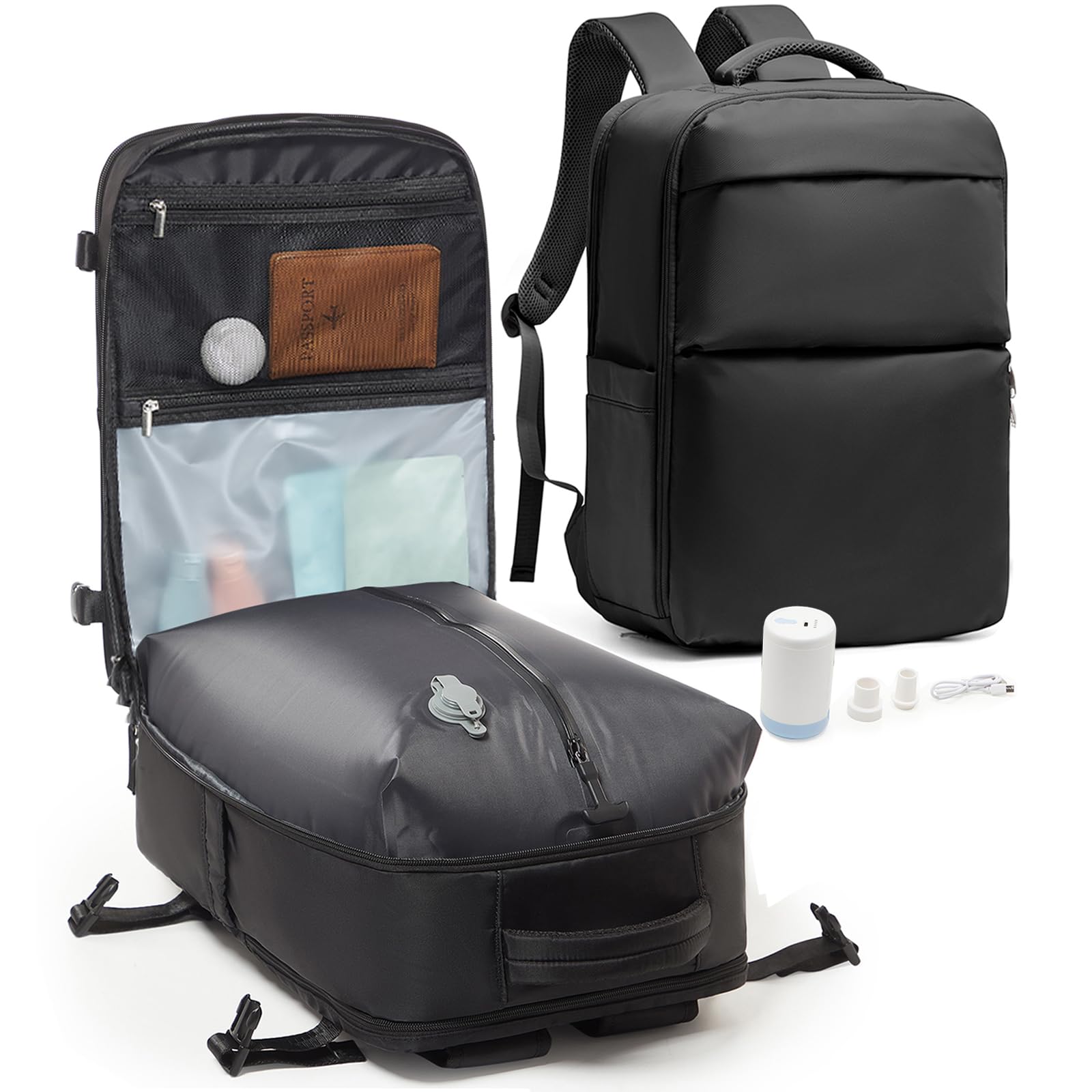 [wassdins] 真空圧縮リュック 大容量60L ビジネスリュック リュック メンズ レディース 17インチノートPC収納可能 乾湿分離 携帯型電動真空ポンプ付属 バッグ ビジネス 通勤 通学 出張 旅行 黒
