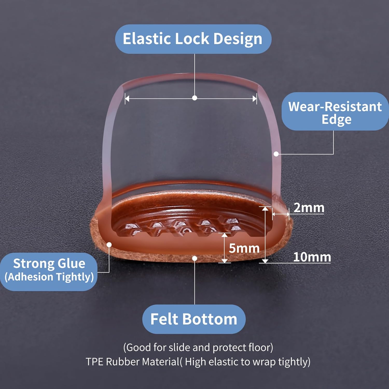Ezprotekt Protectores de Suelo de Silicona Transparente mejorados para Patas de Silla, 13-20mmTapas de Silicona 16P con Fieltro Envuelto, Fundas de para Patas de Silla, Protectores de pies de Silla - 4
