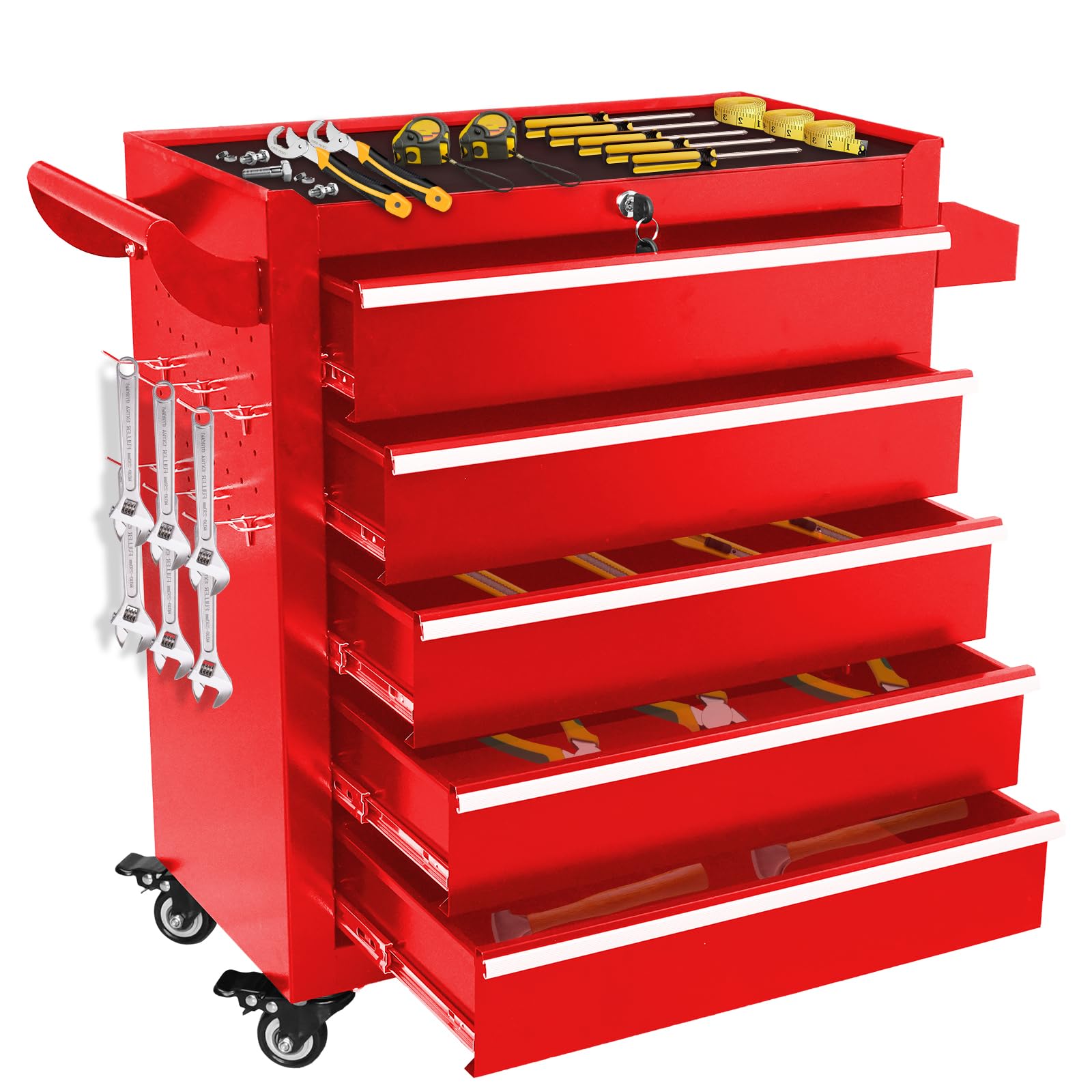 MHEOMTME Rolling Tool Chest, Metal Tool Box with 5 Drawers, Lockable Garage Storage Cabinets Sliding Tool Drawer Cart on Wheels Toolbox Organization
