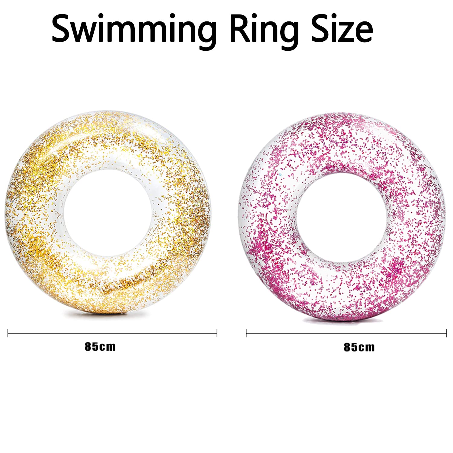 2 pzs Anillos de Natación con Purpurina, 85cm PVC Flotador Transparente, Flotador Hinchable Redondo, Flotador de Piscina Adulto, para Fiesta de Verano Piscinas de Verano y Playa para Adultos y Niños
