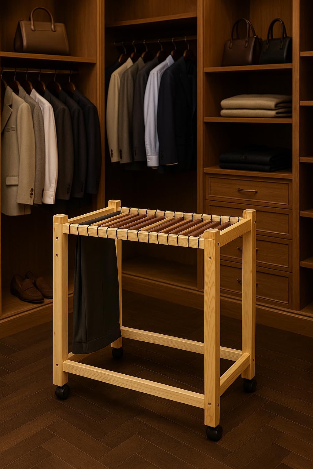 Cedar Elements Perchas de pino macizo con ruedas para pantalones (resistentes con 16 varillas colgantes de cedro rojo) acabado transparente