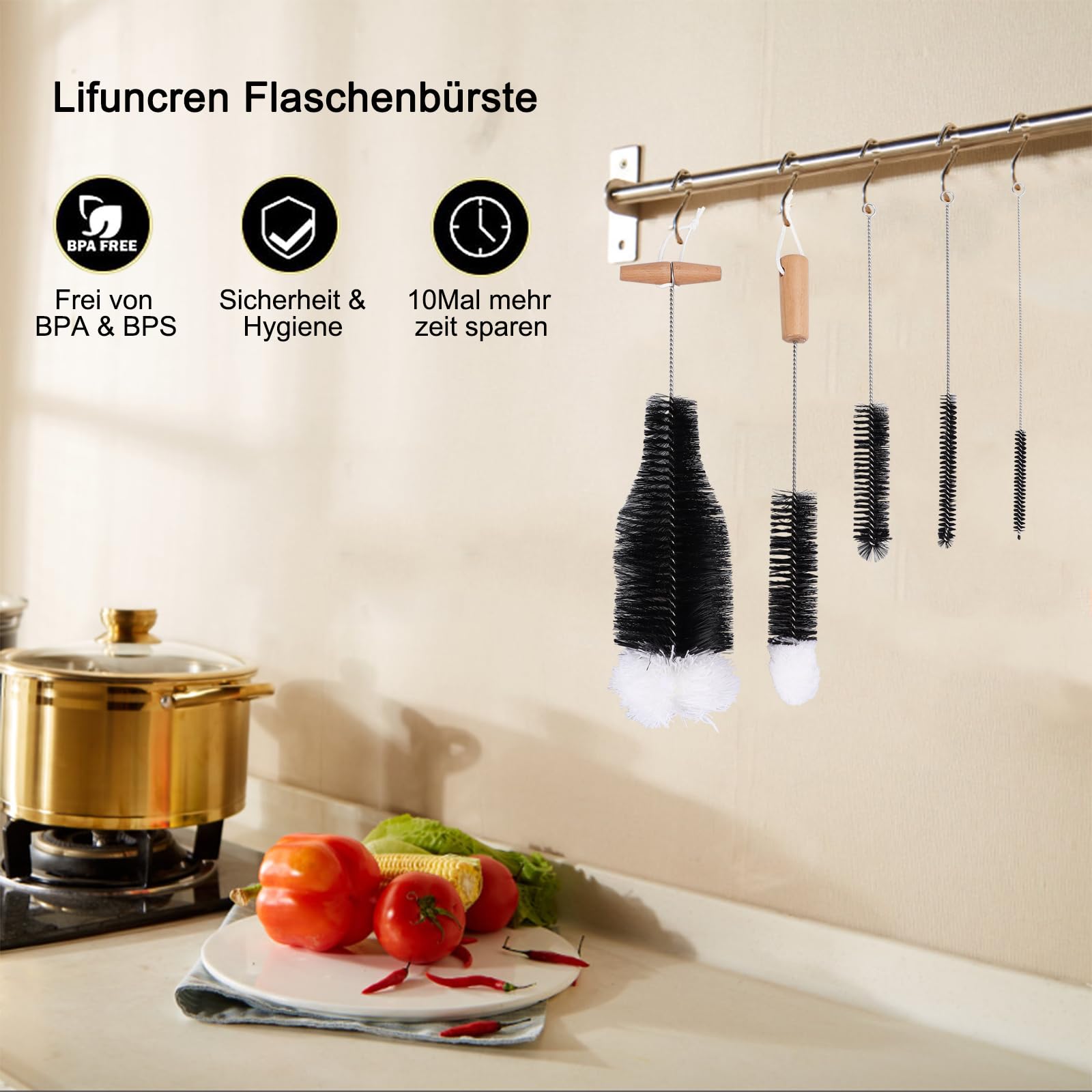 Set 5 Scovolini Per Bottiglie | Per SodaStream, Biberon E Bottiglie Strette | Nylon E Acciaio | Nero - Foto 11