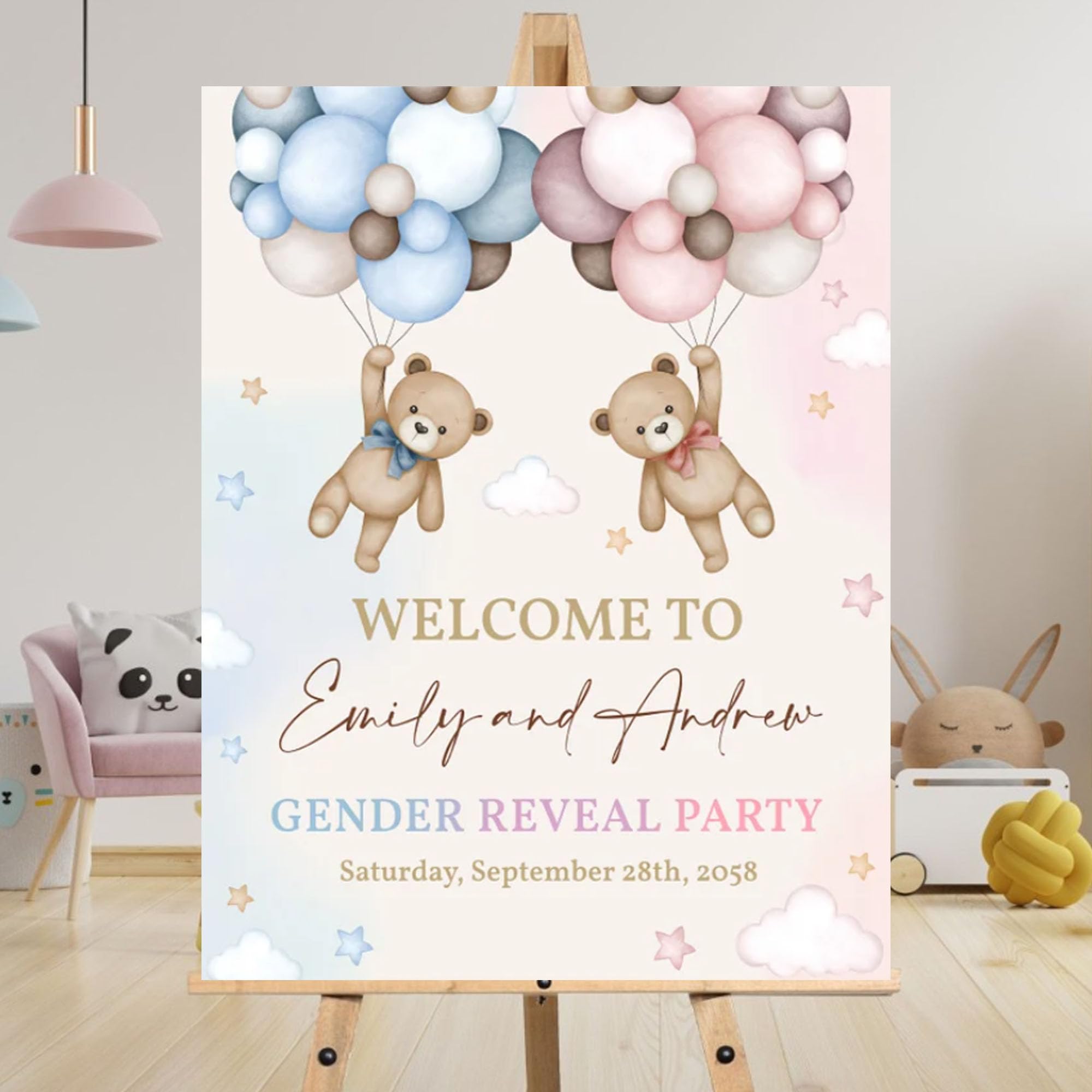 Póster Personalizable Para Baby Shower Y Revelación De Género - Diseño De Osos, Tamaños A1/A2/A3, Material Natural