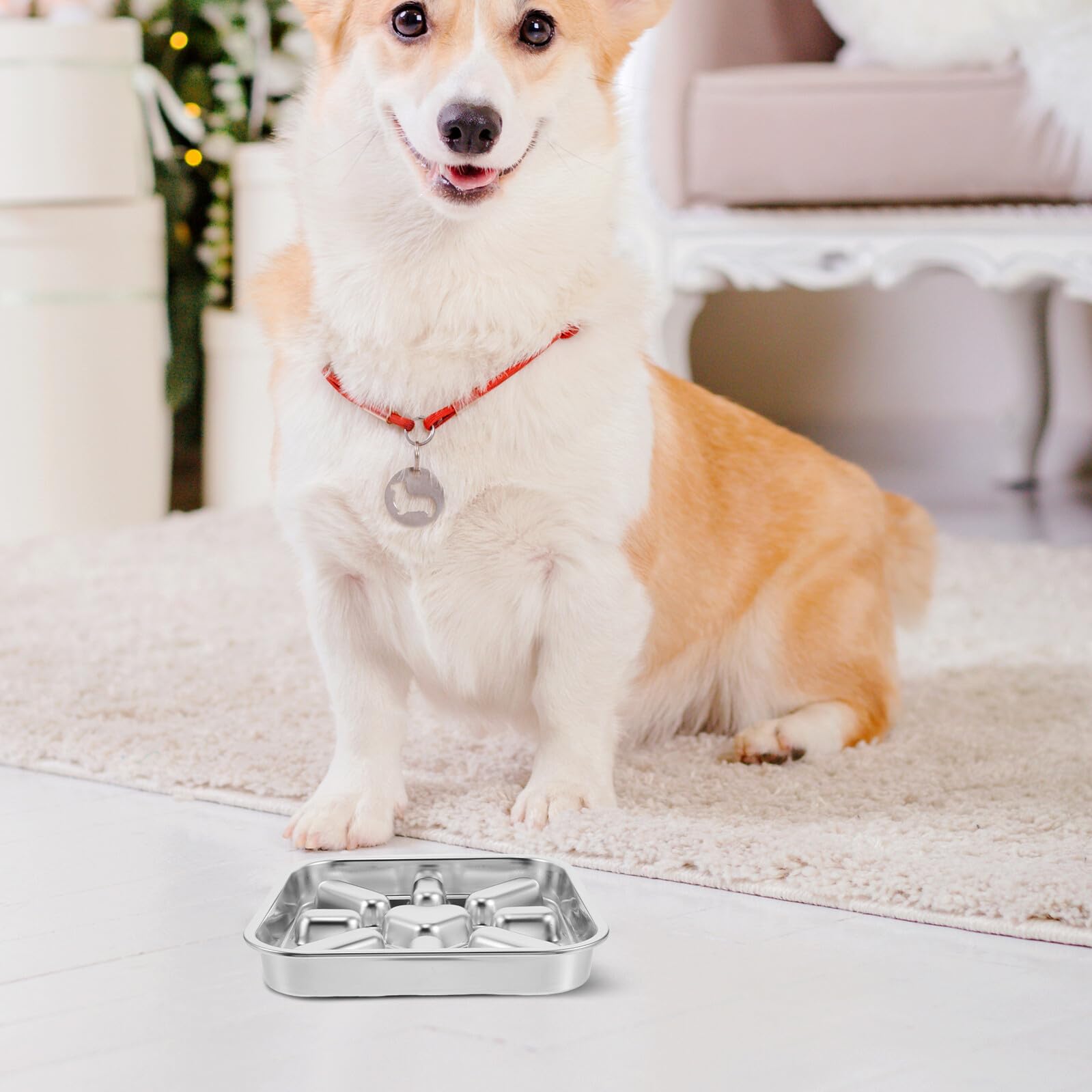 Comedero Lento Laberinto para Perros y Cachorros Acero Inoxidable Plata | 23x23 Cm, Resistente al Óxido, Limpieza Sencilla, Base Antideslizante, Diseño de Alimentación Pausada