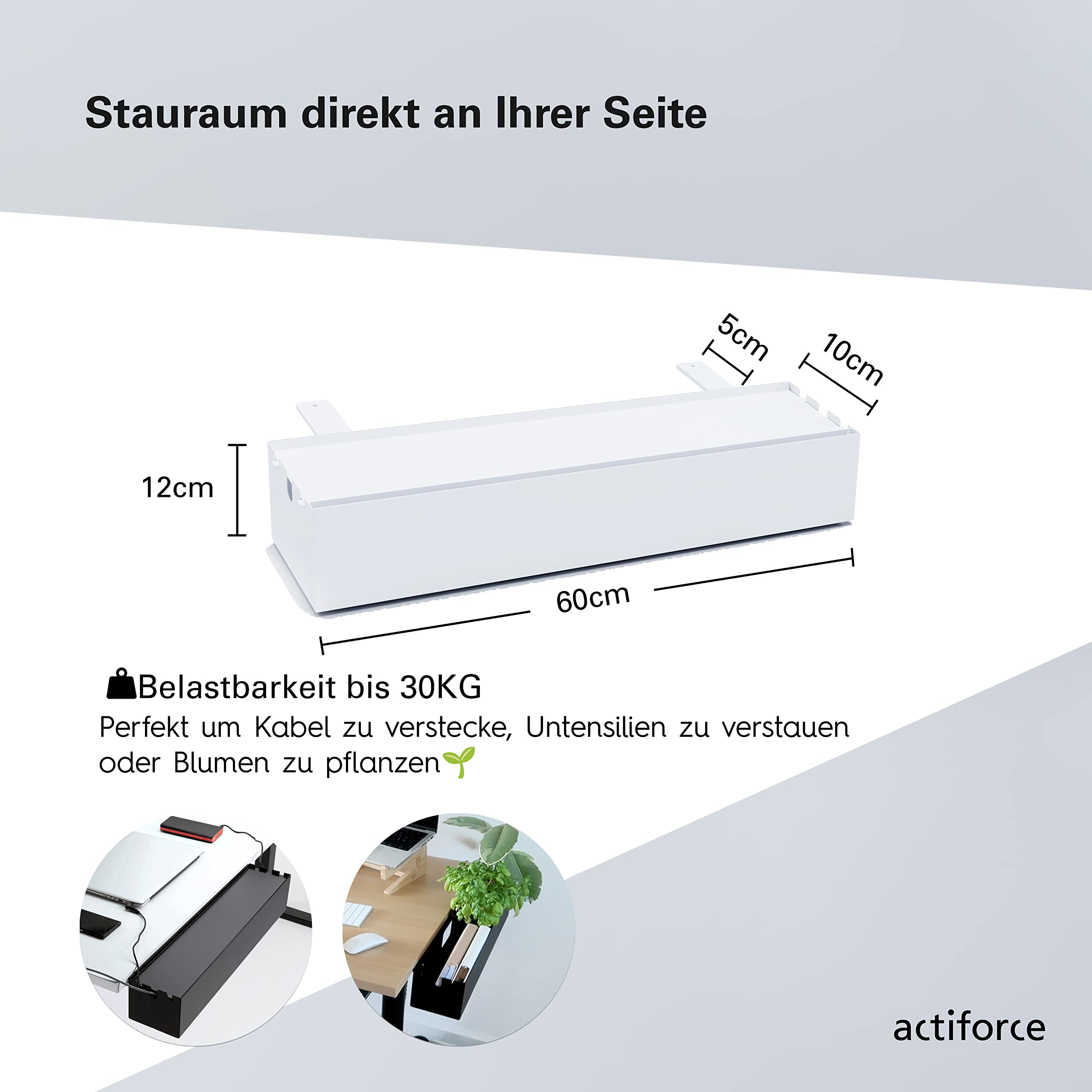 Multibox Schreibtischaufbewahrungsbox und Blumenkasten | Kabelwanne, Kabelkanal | Schreibtisch Aufbewahrungsbox (L - inkl. Blumentopf, Weiß,Schwarz,Silber) (Weiß)