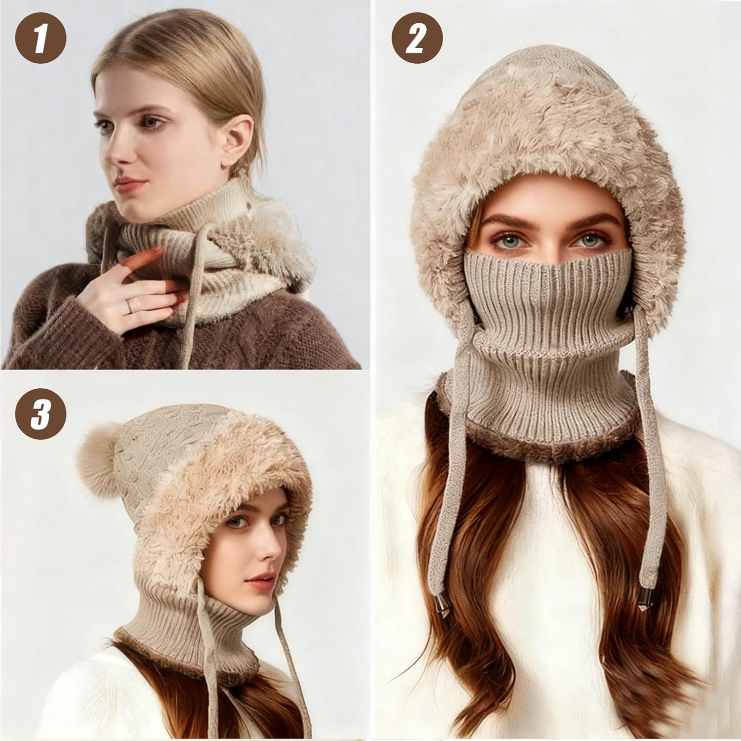 Beanie Hat for Women, 3 in 1 Winter Hat Scarf Mask Set, Windproof Warm Plush Knit Hats with Pompom for Cold Weather - Image 4