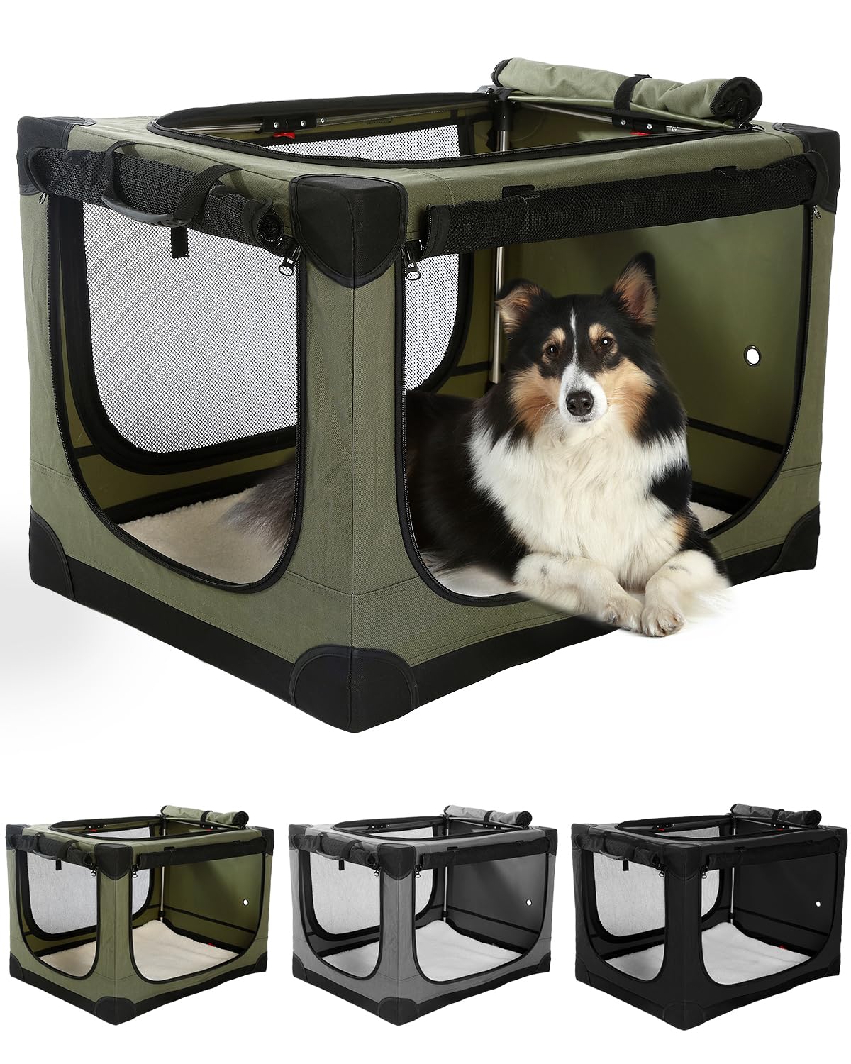 Gabbia per cani da viaggio pieghevole da 106 cm, per cani di taglia media e grande, portatile a 4 porte, morbida cuccia pieghevole con finestre in rete a prova di masticazione, per interni ed esterni