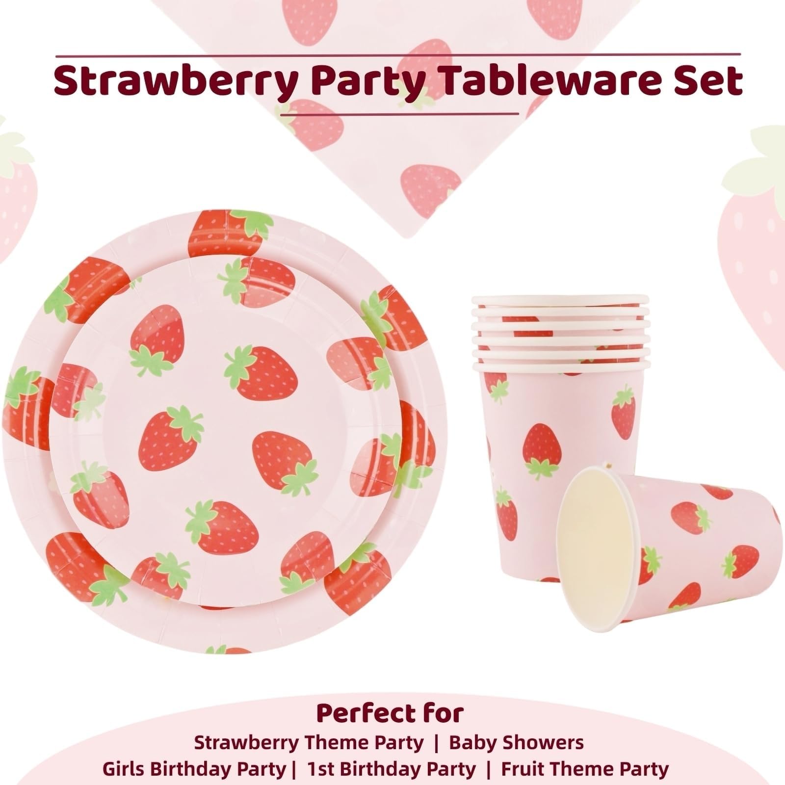 Juego de vajilla de fiesta de fresa – 200 piezas suministros para fiesta de cumpleaños, platos de papel desechables de fresa, juego de vajilla platos de cena, platos de postre, tazas, servilletas para