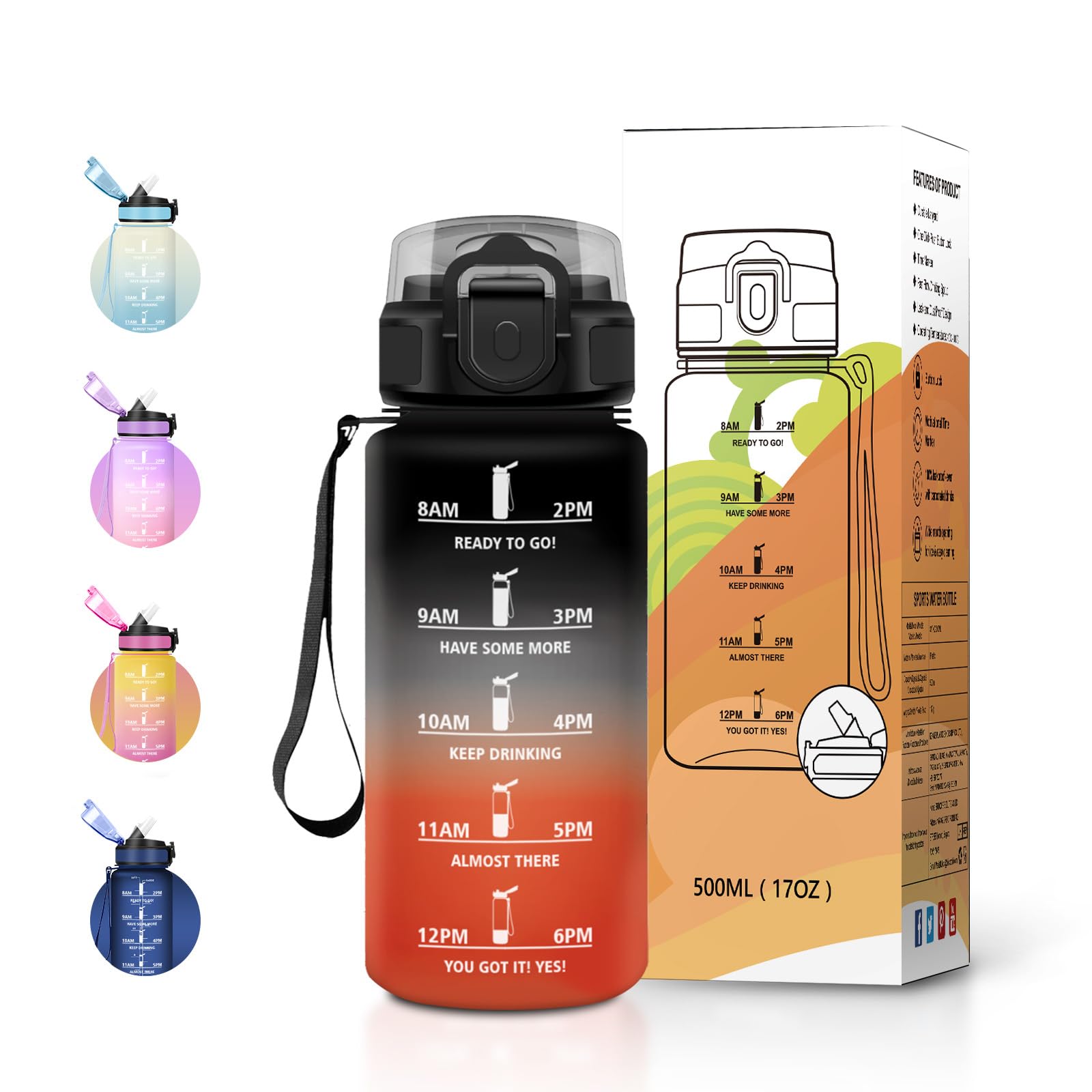 JAPORIA Sports Water Bottle 500ml with Straw and Time Markers, BPA Free, Leak Proof, Reusable Bottle for School and Office