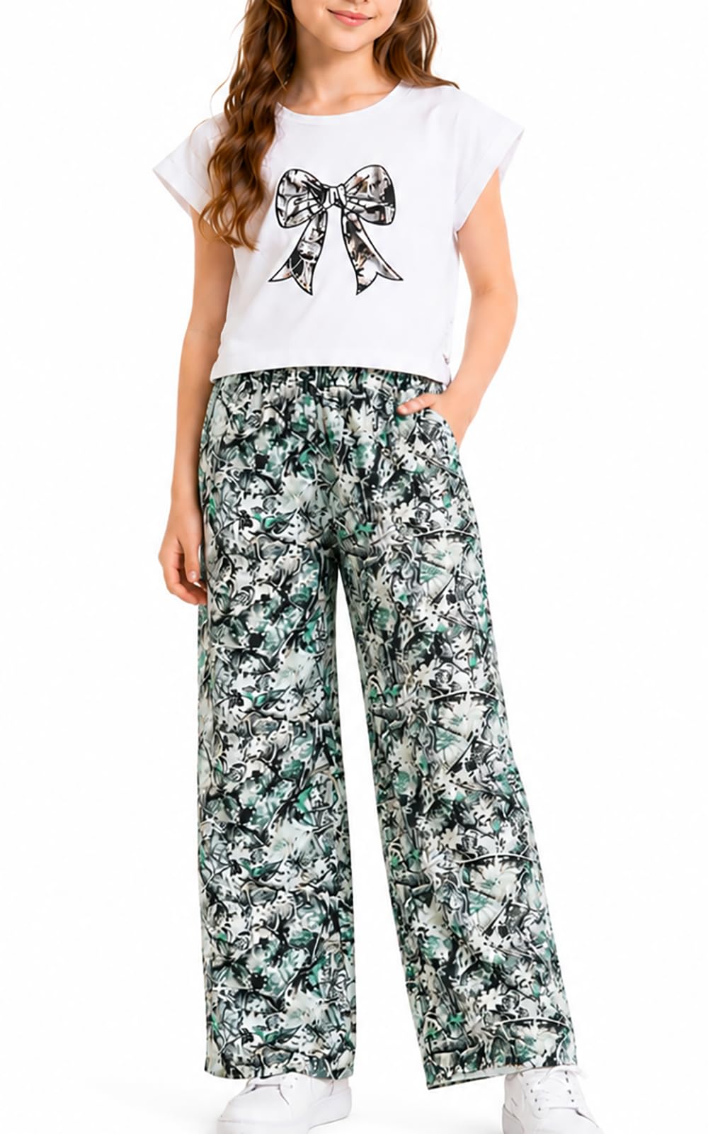 Girls 2 Piece Outfits Star Print Ruffle Sleeve Tops and Wide Leg Pants Set Summer Clothes
