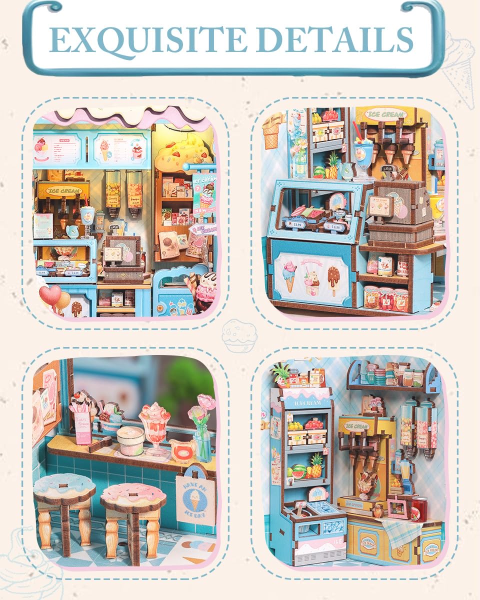 Cutefun Book Nook Kit - Mini Case delle bambole con Luci LED - Modellino Fai da Te per Decorare Librerie - Idea Regalo Unica per Appassionate di Puzzle(Bella‘s Ice Cream)