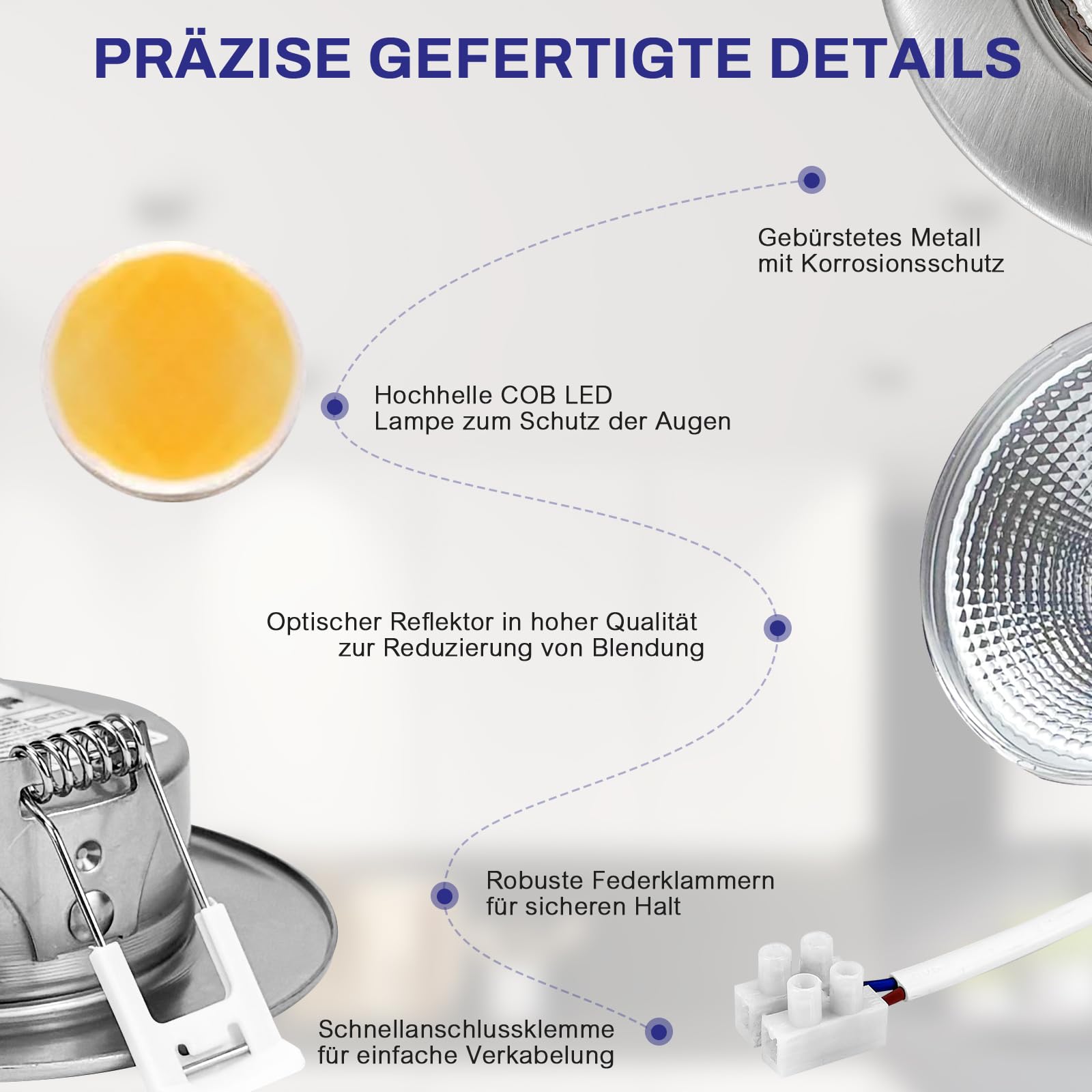 Allesgute 10er LED Einbaustrahler 230V Flach Dimmbar Gebürstet Edelstahl Led Spots 10W Einbauleuchten 850LM 4000K Neutralweiß Einbauspots für Wohnzimmer