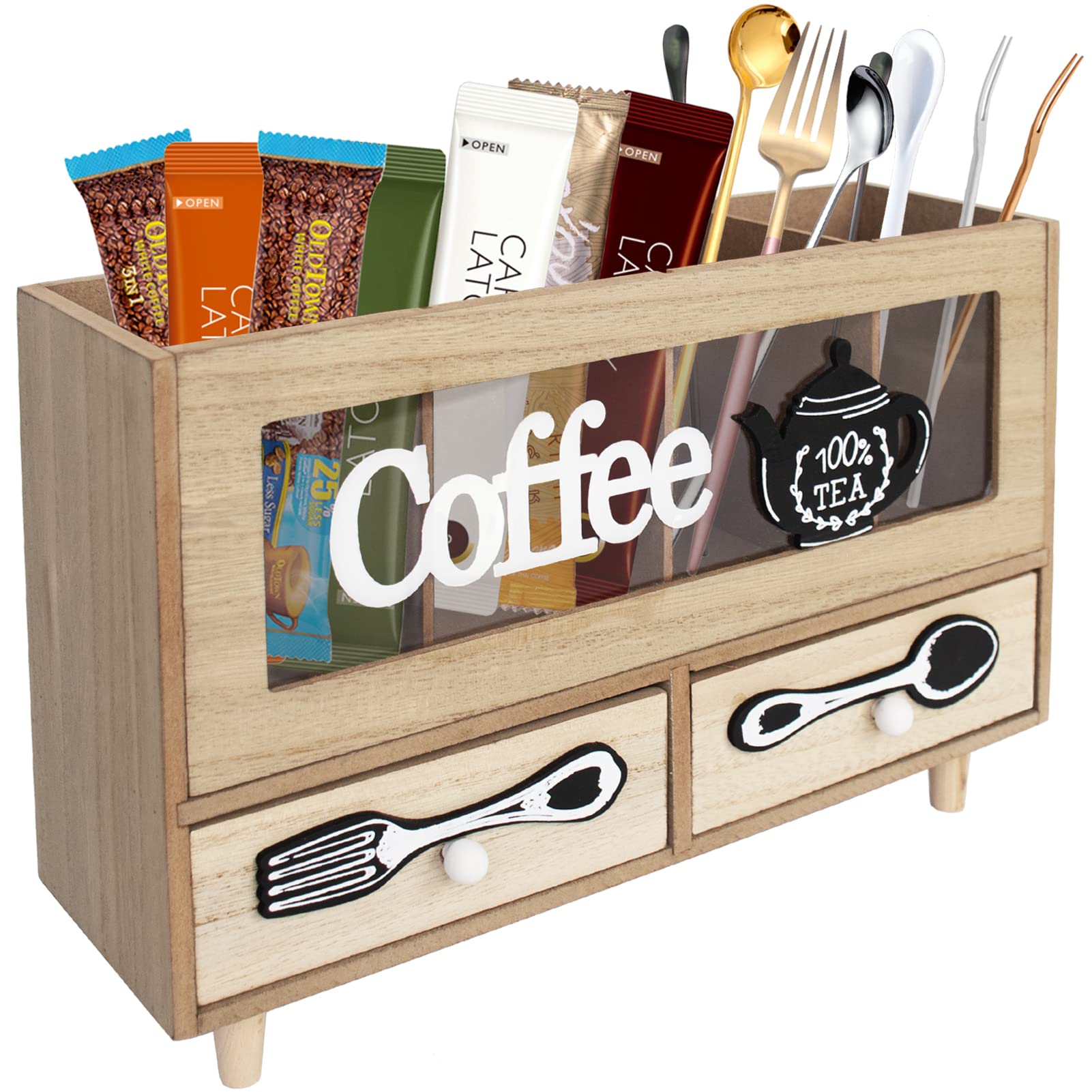 Buy 4Slot Wooden Tea Bags Box Organizer with 2 Drawers, LASZOLA