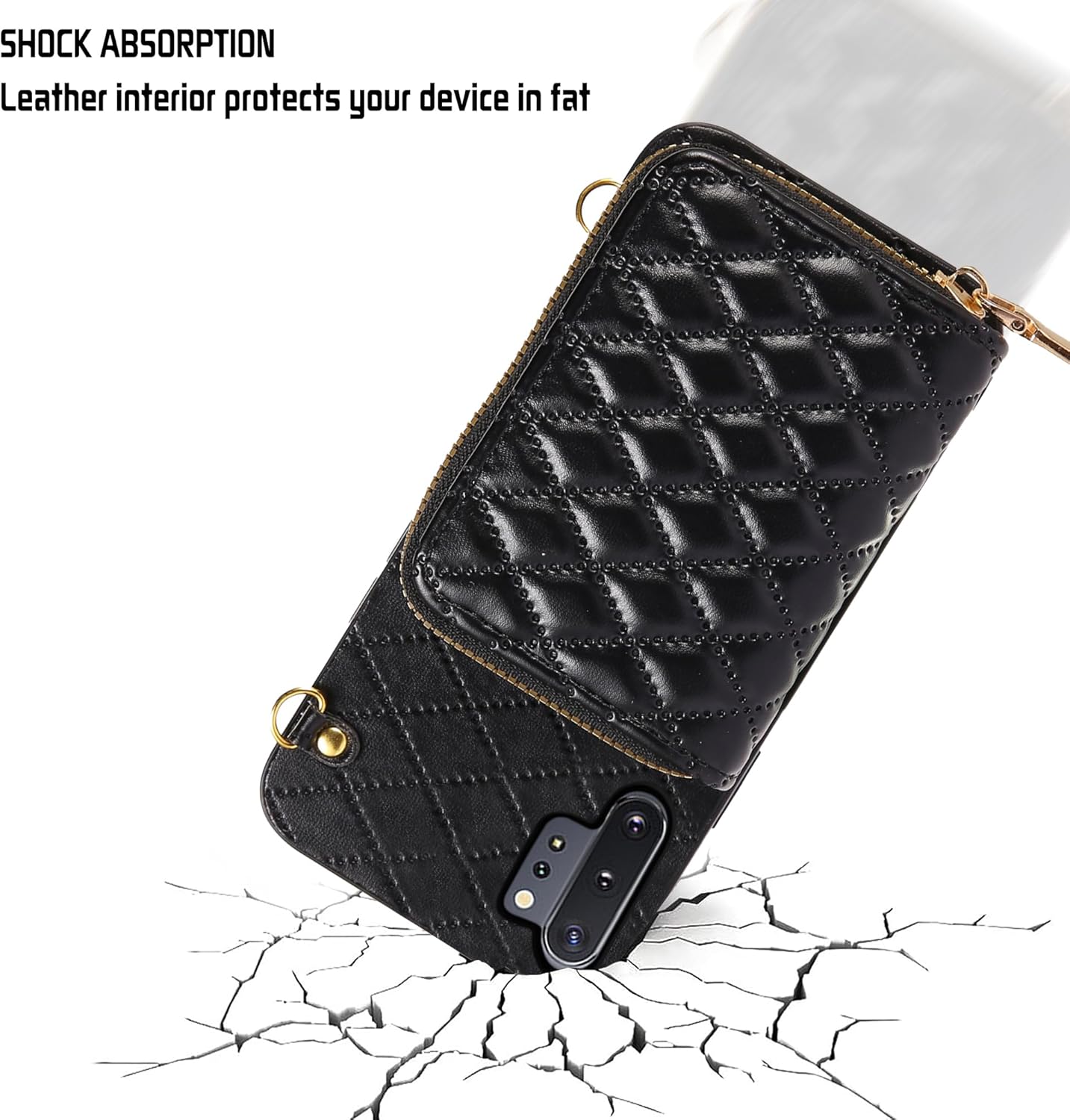 Detachable Crossbody Strap Wallet Case for Samsung Galaxy Note 10 Plus Note10+ 5G Zipper Purse, Multi Card Slots, Leather Stand Phone Cover for Note10 + Notes 10+ Ten Not S10 10Plus Women Black