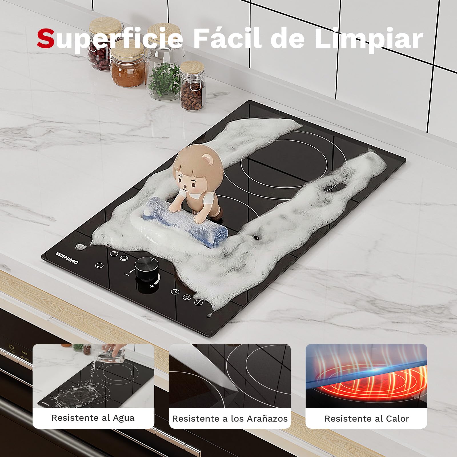 WEHIMO Placa Vitroceramica 2 Fuegos, 3400W, Control con Mandos Giratorios, Quemadores de Doble Corona, 9 Niveles de Potencia, Control Táctil, Seguridad para Niños, Temporizador de 1 a 99 Minutos
