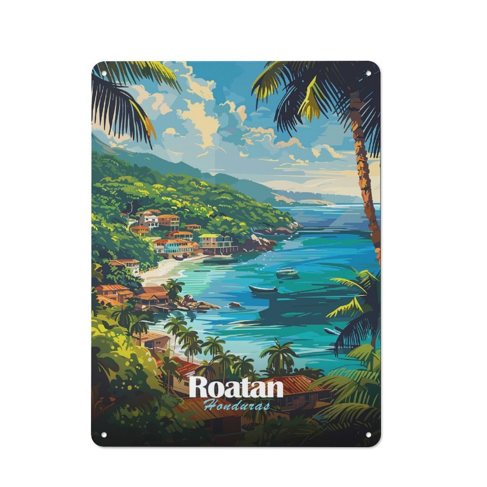 Junmoney Roatan Honduras Tropical Coastline Art Old Fashioned Retro Metal Sign 40X30cm Featuring Vintage Wall Decor For Kitchen, Hallway, Bar Or Small Cafe