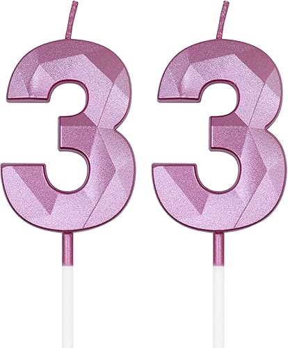 Velas de cumpleaños número 33 para tartas, color rosa número 33 en forma de diamante, decoración de cumpleaños, suministros de fiesta para mujeres u