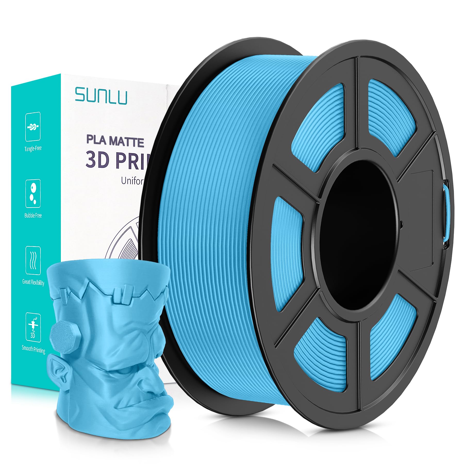 SUNLU 3D Printer Filament Matte PLA Filament,Neatly Wound Matte PLA Filament 1.75mm ± 0.02mm, Fit Most FDM 3D Printers, Good Vacuum Packaging 3D Printing Filament, 1kg Spool (2.2lbs), Matte Light Blue