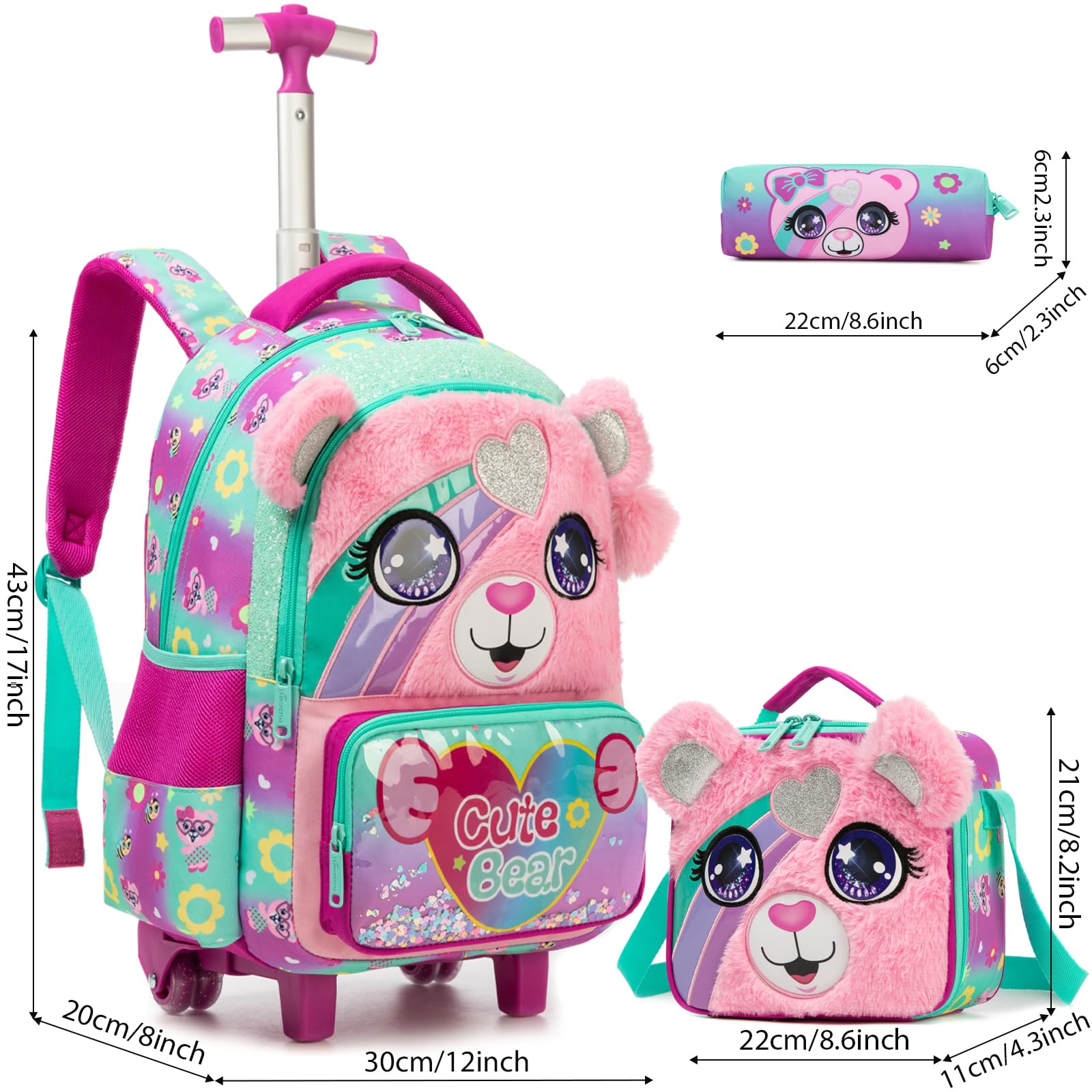 Sac a Dos Roulette Fille Enfant Cartable Cabine Primaire Valise École Maternelle Sacs à D'école pour Voyage de Bagages Ensemble Adolescents Étudian Poches Dégradé de Rose Ours