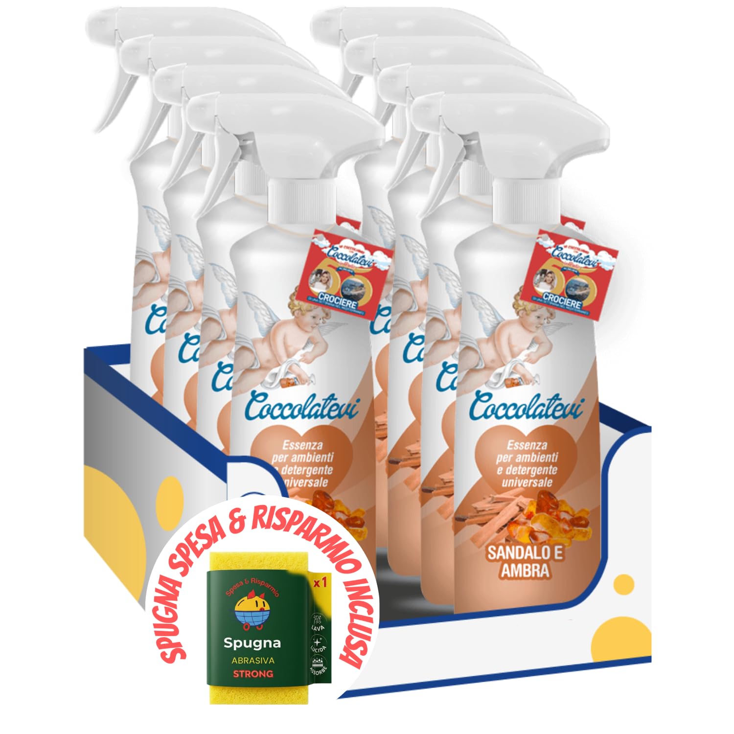 Detergente profumato per ambienti – essenza sandalo e ambra – 750 ml kit con Spugna Brandizzata SPESA & RISPARMIO Inclusa– Variazioni 4/8/12 Pezzi (8)
