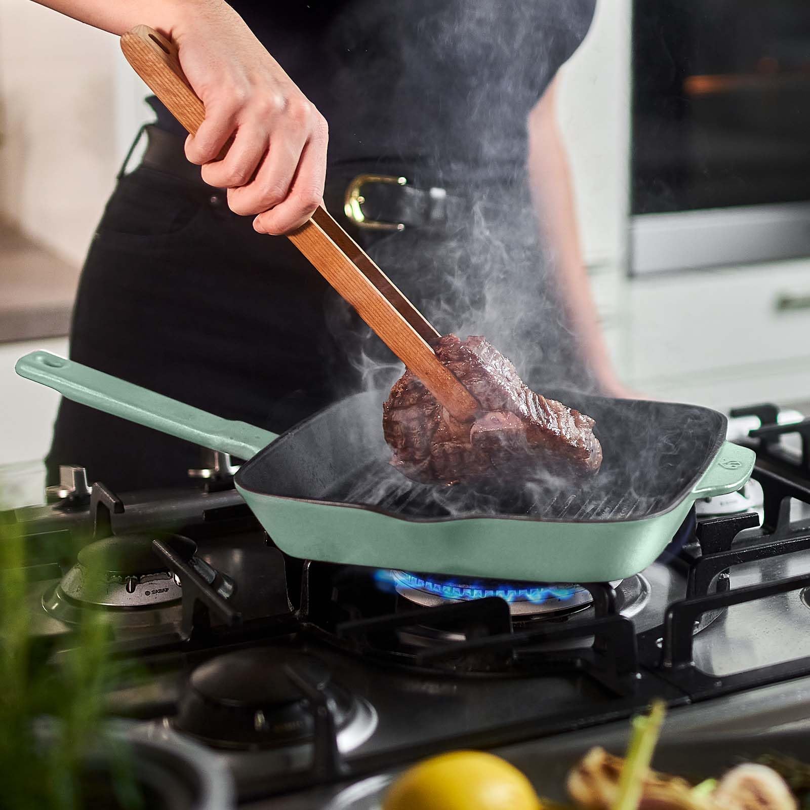 SPRINGLANE Sartén parilla cuadrada de hierro fundido, sartén plancha con rayas para asar - 20 x 20 cm Superficie de fritura - Verde