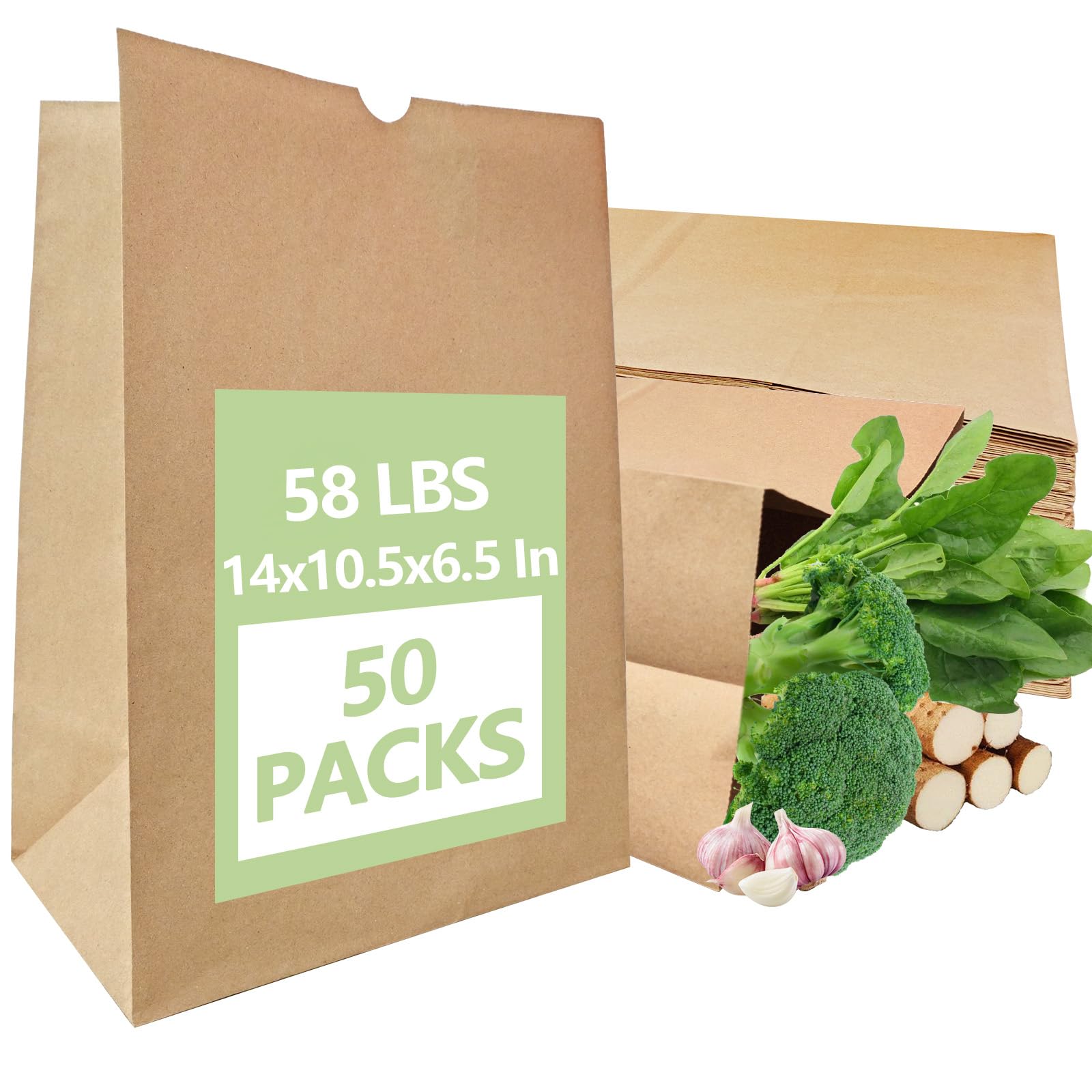 50 Pack Paper Kraft Paper Bags,58 Lbs Heavy Duty Large Grocery Brown Bag,14x10.5x6.5 Inch Bags for Storage,Take out,Shopping,Sacks