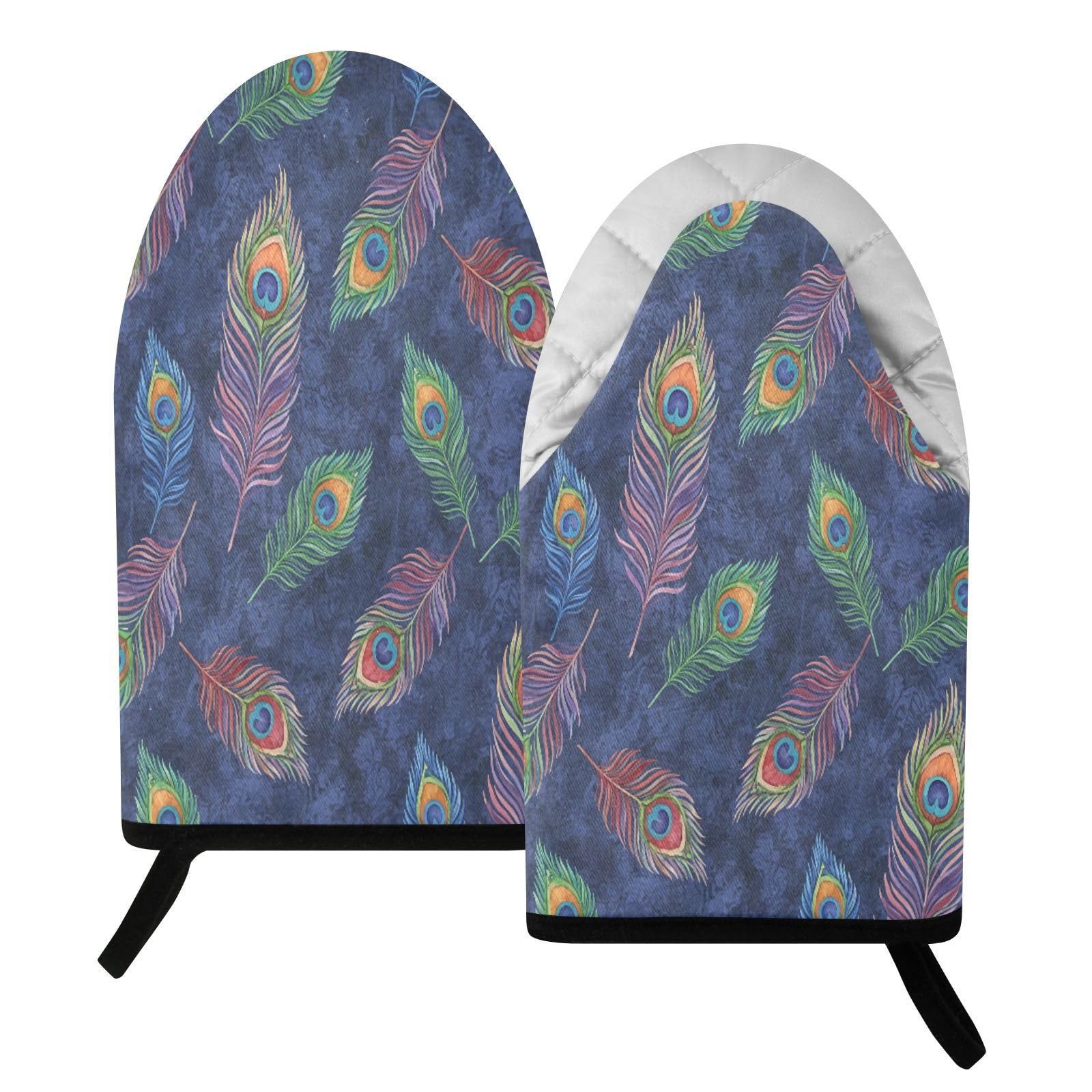 BURSTDDY Peacock Feathers Oven Mitt,Heat Resistant Kitchen Mitts for Cooking