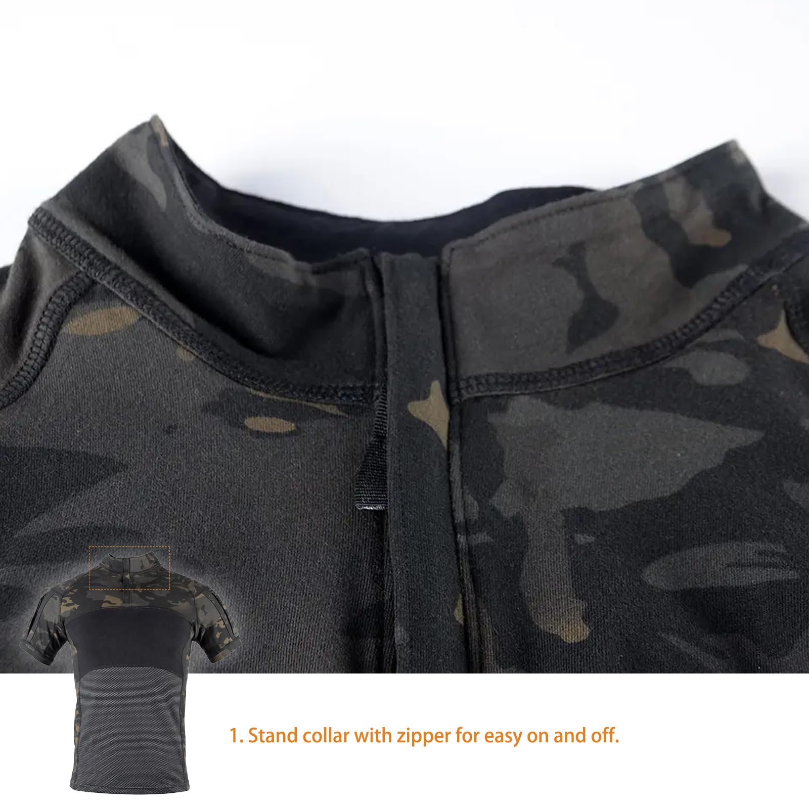 Uomo Camicia Tattica Militare Manica Corta, Slim Fit Mimetica Combat Resistente all'Usura Shirt con 1/4 Cerniera Airsoft Caccia