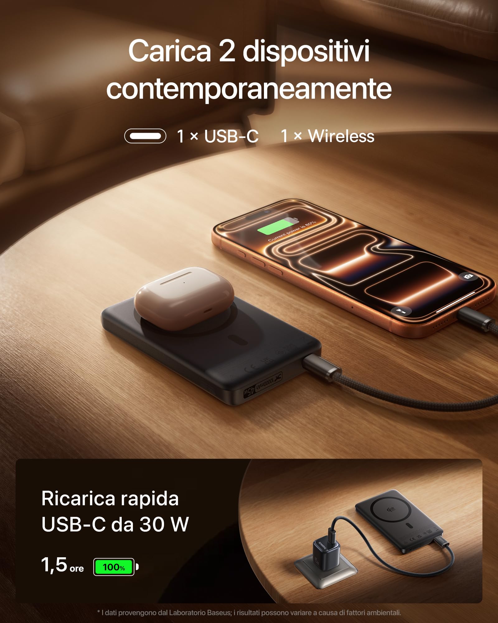 Baseus PicoGo AM52 Power Bank, Qi2.2 Magsafe Powerbank 10000mAh, Ricarica Wireless Ultraveloce da 25 W, Ricarica Rapida PD da 45 W, Batteria Esterna Magnetica Sottile per iPhone 17/16 Pro Max, Nero