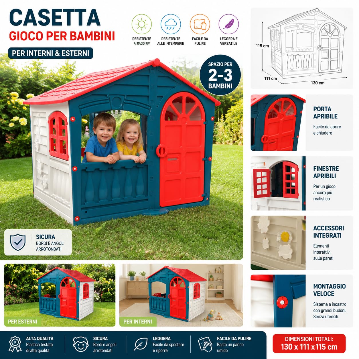 Casetta per Bambini Casa Gioco per Bambini Esterno casetta da giardino per bambini casetta per Bambini da Interno Giardino Casetta da Gioco Tradizionale Grande 140X111X115Hh (Blu e rossa)