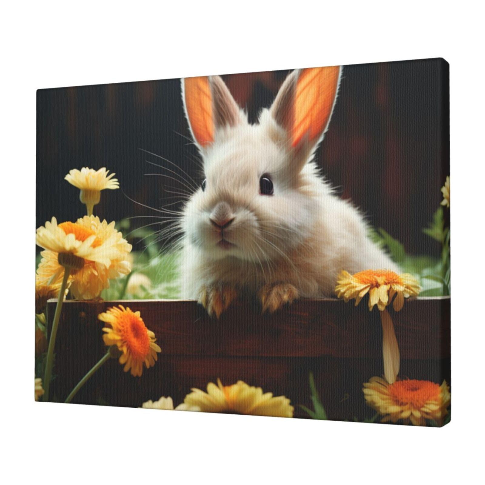 FodPand Canvas Wall Art for Living Room Wall Decor 12"x16" Modern Artwork Painting Pictures Hanging Canvas Prints Rabbit and flower Aesthetic Wall Art for Bedroom Bathroom Office Wallart Decor