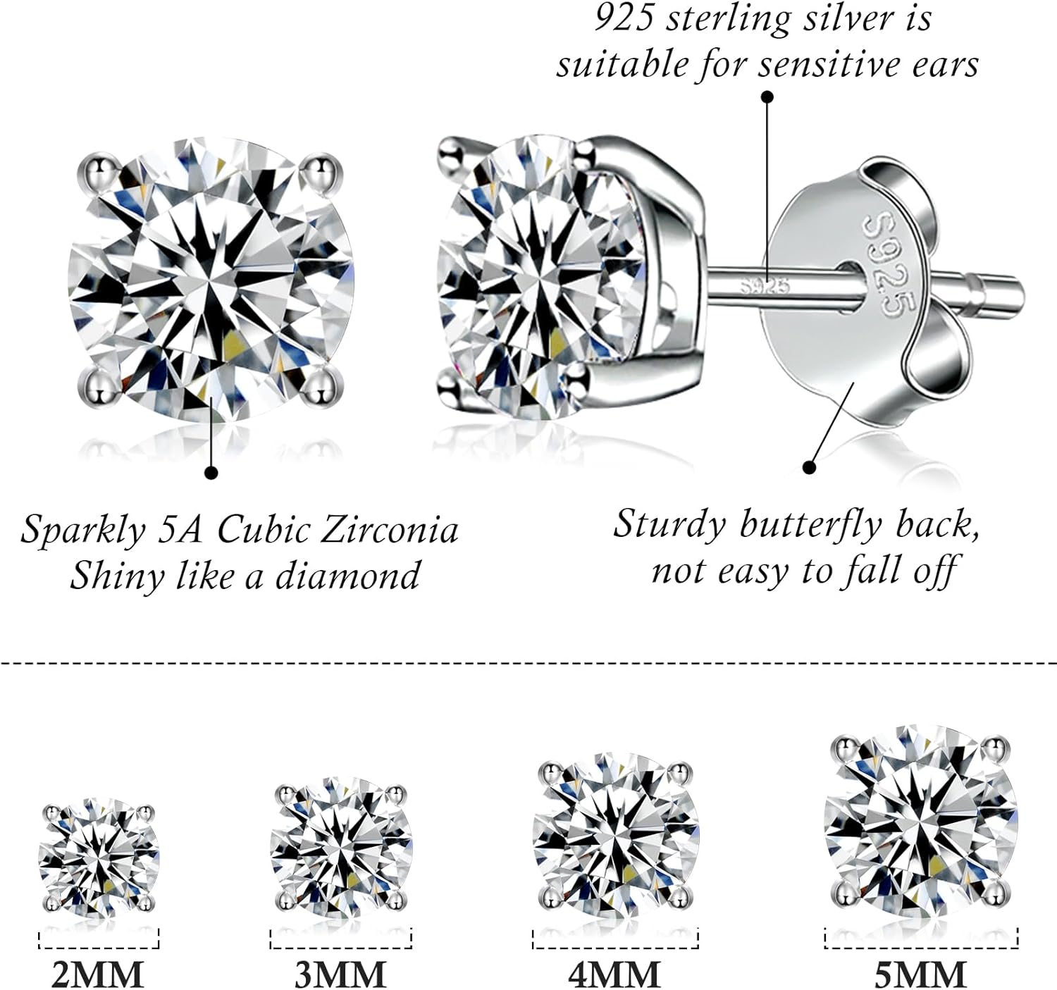 925 Sterling Silver Stud earrings Set | White Gold Plated Hypoallergenic Stud Earrings | Cubic Zirconia Stud Earrings for Women (2mm,3mm,4mm,5mm,6mm,7mm) 8 CZ colors options - Image 2