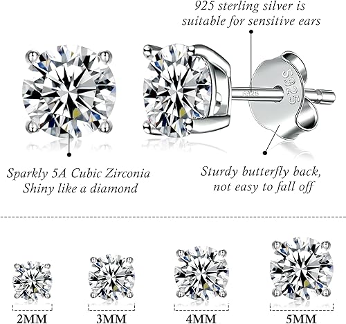 Miniatura 2 de Juego de aretes de tuerca de plata de ley 925 Aretes hipoalergénicos chapados en oro blanco Aretes de circonita cúbica para mujer