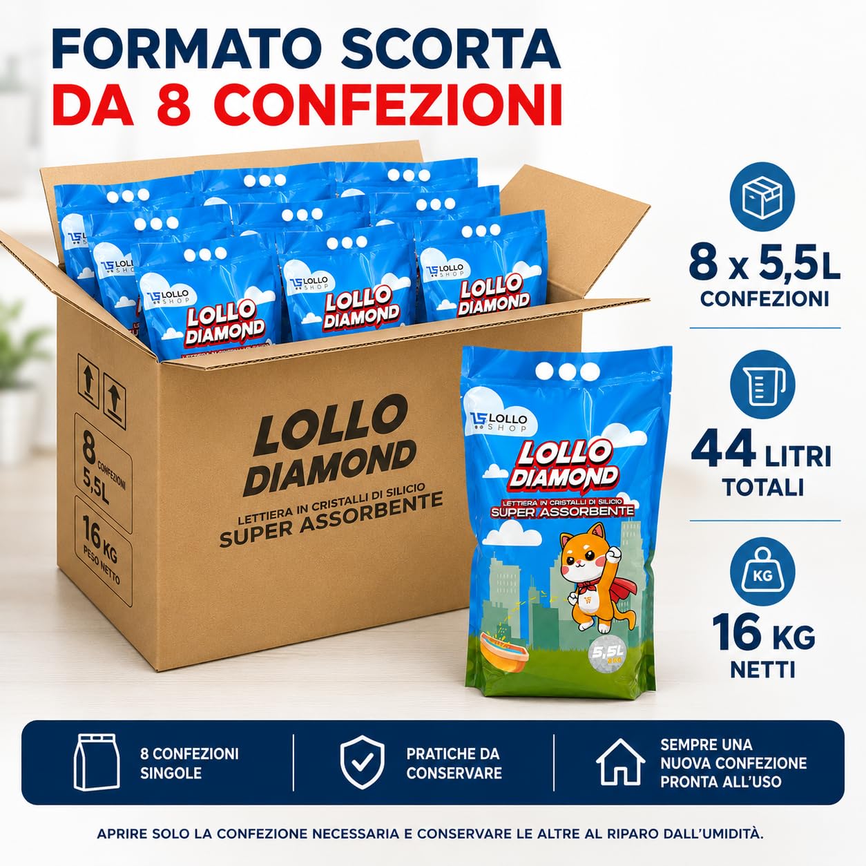 Lollo Diamond Lettiera Gatti in Cristalli di Silicio, 8 x 5,5 L, 44 Litri | Alta assorbenza, controllo degli odori e bassa polverosità; granuli delicati, ideali anche per case con più gatti