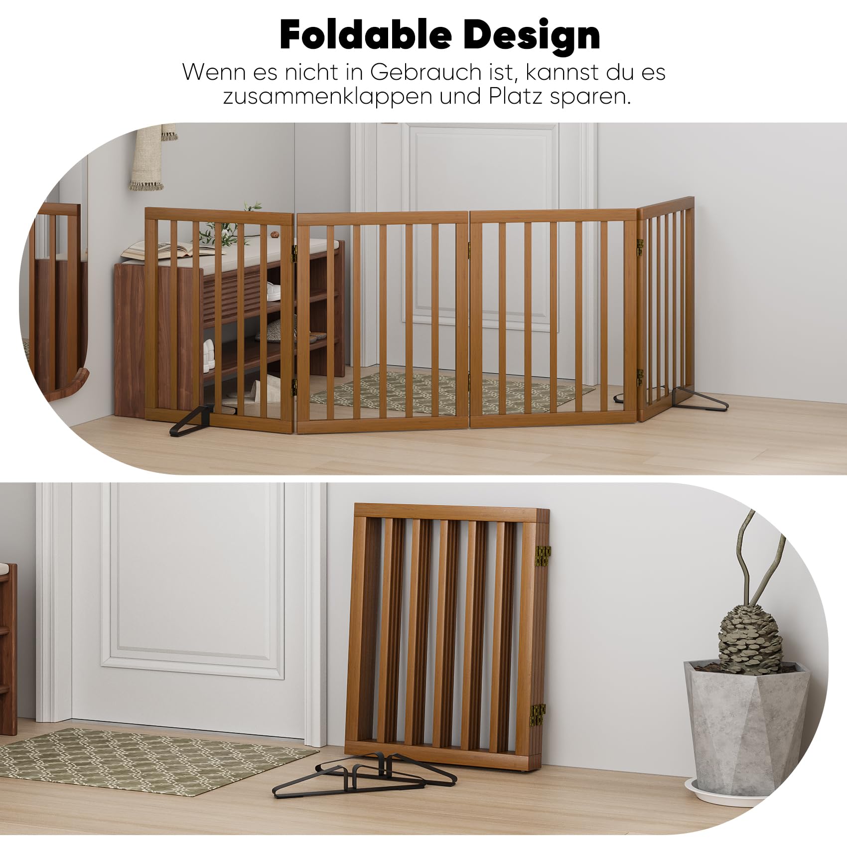 Puerta de madera para perros de 60 cm de alto, puerta plegable independiente para mascotas, puerta para puerta, escalera interior, puertas para cachorros, incluyendo 2 patas de Spport (nogal, 4