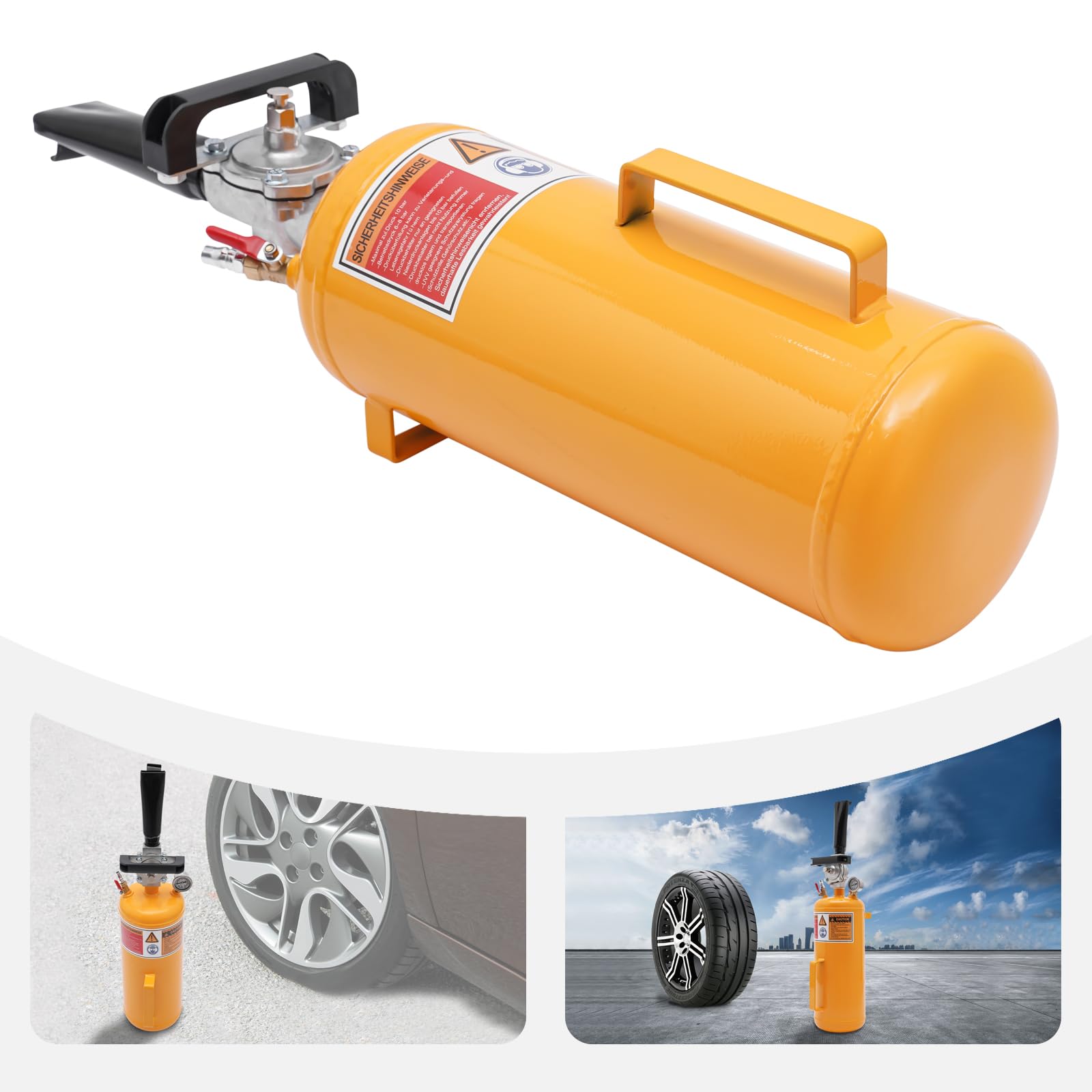 Inflador de neumáticos de 8 l, perfecto para motocicletas y vehículos eléctricos, presión de funcionamiento de 0,6 – 0,8 mpa, material de hierro y acero, presión máxima de 145 psi, color amarillo