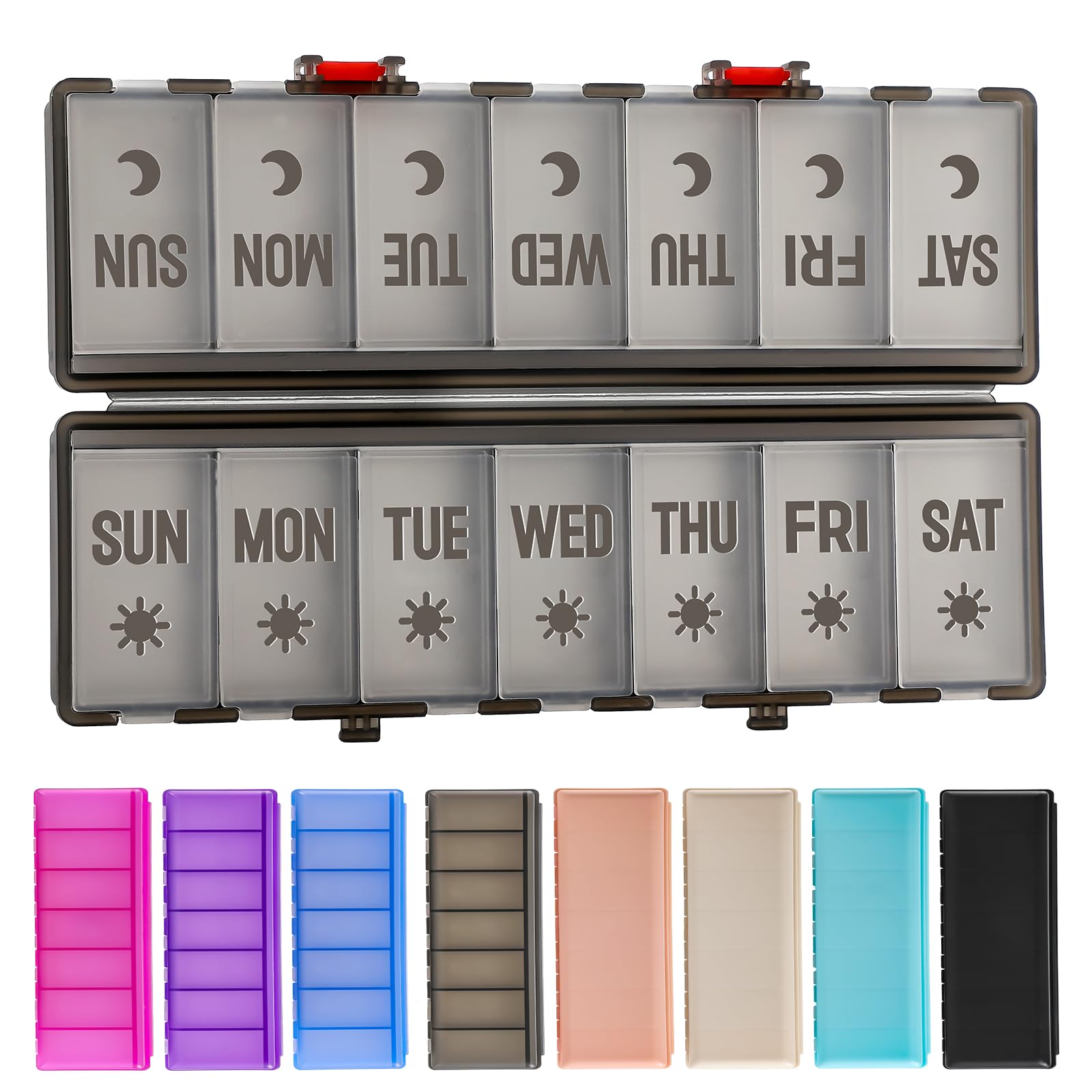 Foldable Pill Organizer 2 Times a Day w/Etched Labels -Dual Protection &amp; Portable Weekly AM PM Pill Box, 7 Day Medicine Container, Large Travel Pill Case for Daily Supplement Vitamin -Clear Black