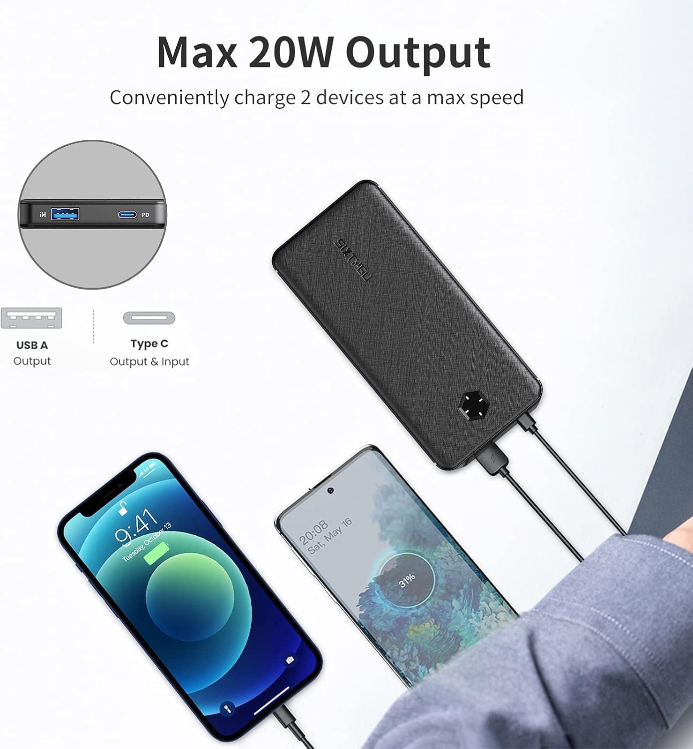 SIXTHGU Portable Charger, Slim 10000mAh PD 20W Power Bank, USB C in&Out Fast Charging Battery Pack, External Phone Powerbank Compatible with iPhone 16 15 14 13 Samsung S22 S21 Google iPad etc - 4