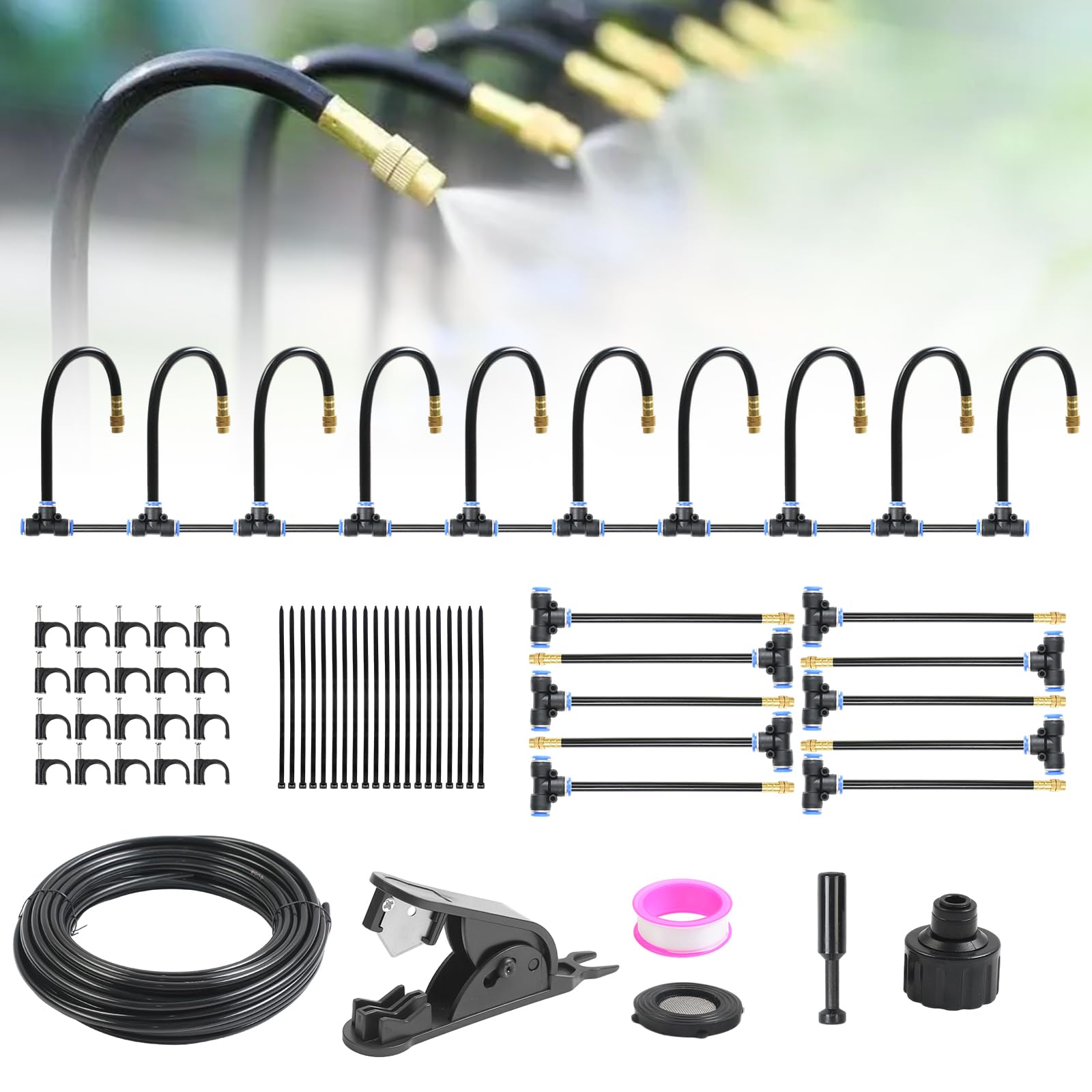 Easyhomie 33FT Drip Irrigation System Kit, 360° Automatic Garden Watering System with 10 Spray Nozzles for Garden, Greenhouse, Plantation, Lawn