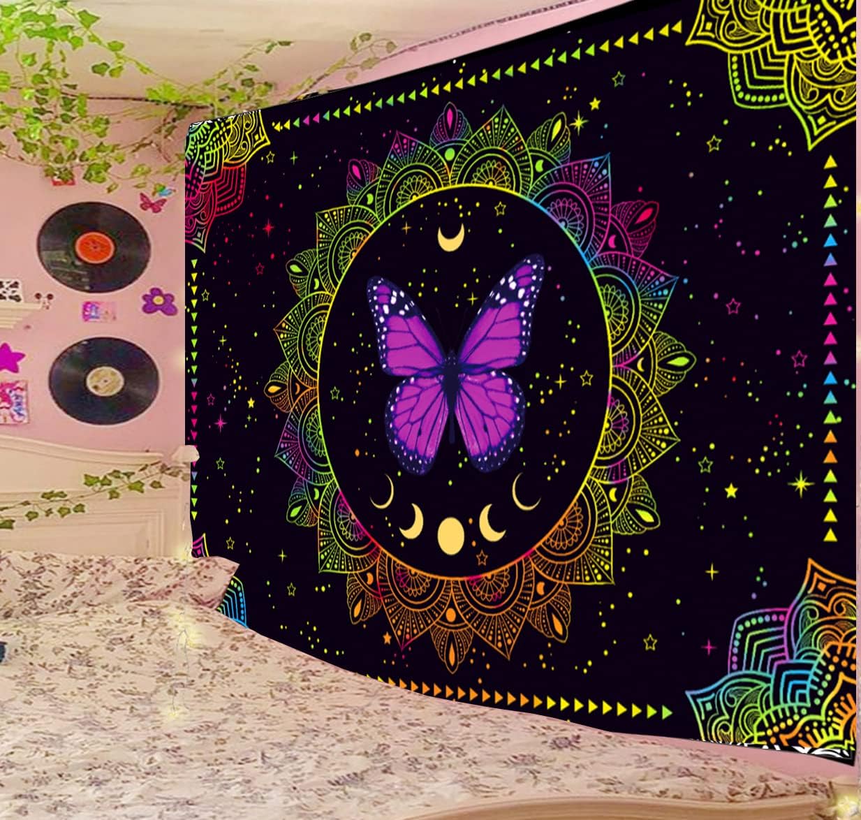 Miytal Mandala Butterfly Tapestry, Boho Blacklight Colorful