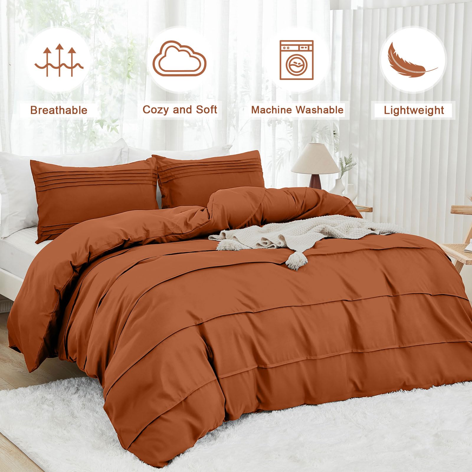 DJY Terracotta Duvet Cover Double Size, Autumn Burnt Orange Pleated Bedding Set - Image 2