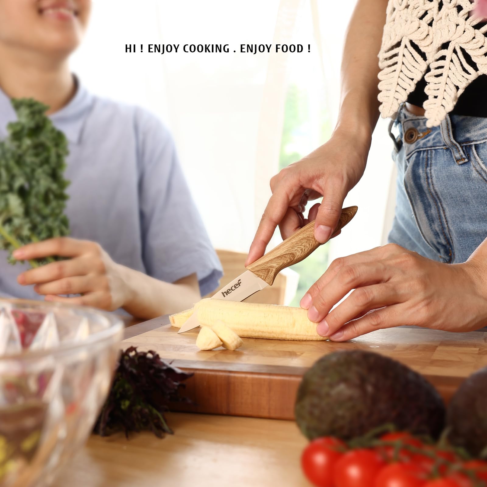 hecef Juego de Cuchillos Cocina 3 Piezas, Acero Inoxidable, Mango Efecto Madera, Santoku, Multiusos, Pelador