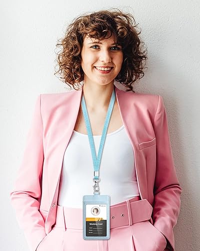 Miniatura 2 de Teskyer Portatarjetas de identificación con cordón, soporte de tarjeta de identificación de cuero con cordón para tarjetas de identificación,