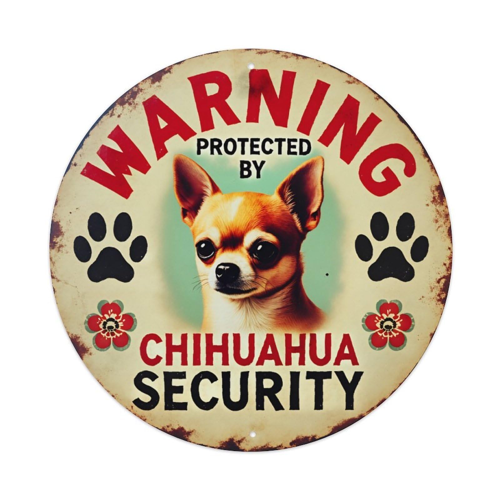 Ldfuieksufg Style Round Chihuahua Security Warning Retro Wall Sign Pet Gate Decor Vintage Aluminium Metal Sign, Retro Wall Decor For Home, Bar, Garage & Farmhouse 20X20cm