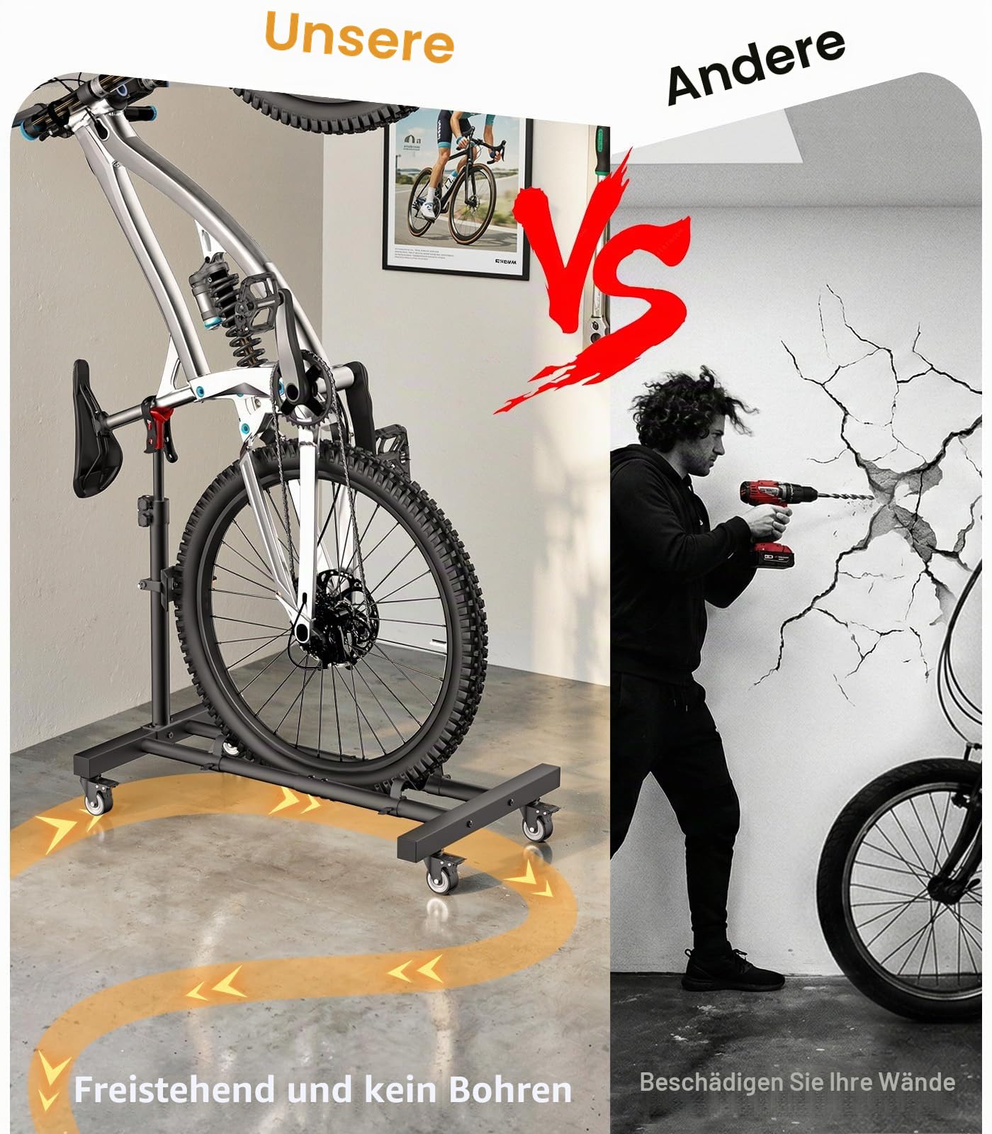 Housolution Vertikaler Fahrradständer mit 360°-Rädern bis 29 Zoll, 2 Stück | Höhenverstellbar, Bohrfrei, 80 Pfund Belastbar, Freistehend für Garage und Wohnung, für MTB/Rennräder