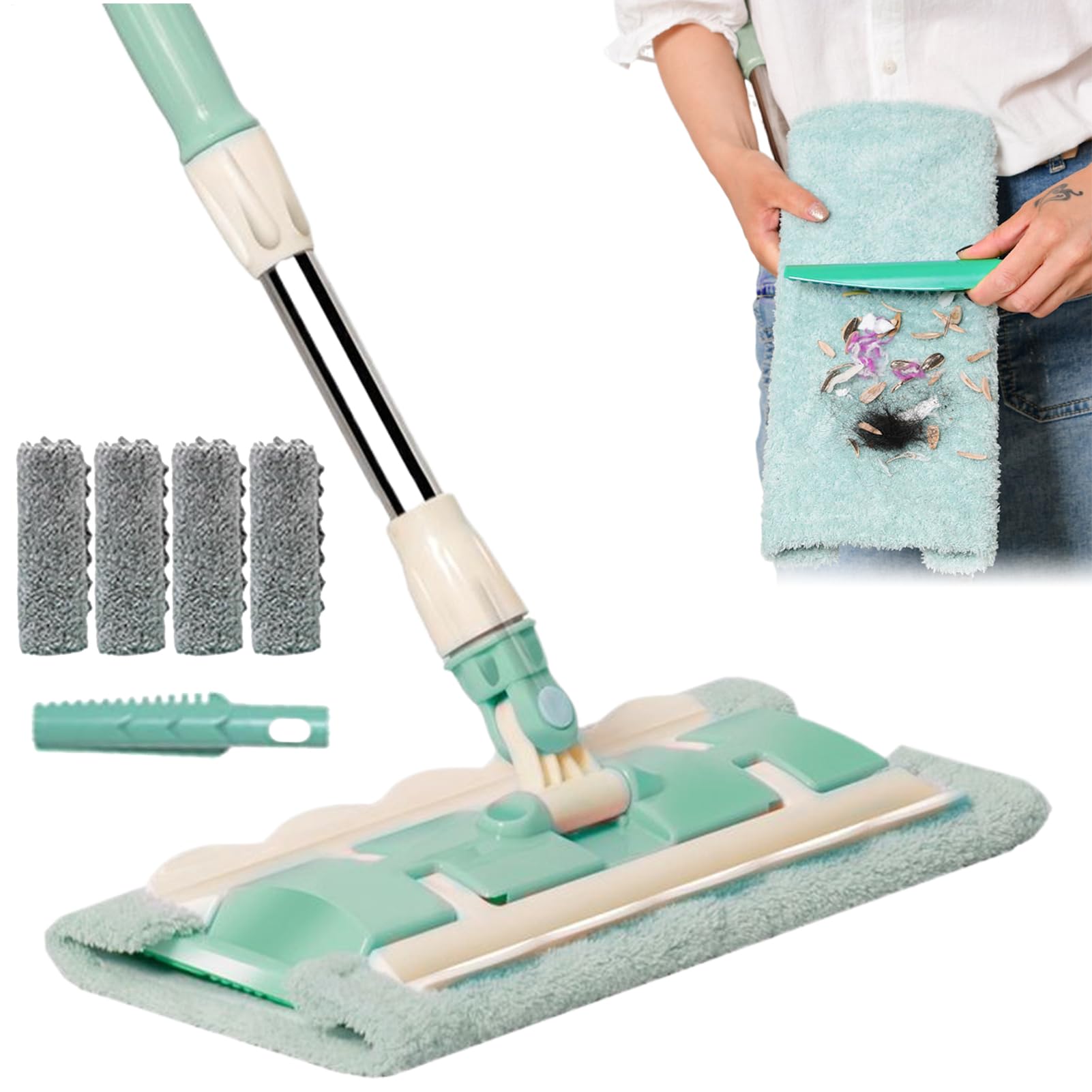 Mopa Para Suelos Madera Rotación 360 Grados, Mango Telescópico, Raspador | Mopa limpiadora con 4 almohadillas lavables Con Rascador De Polvo Para Cocina Baño Patio Baldosas Y Suelo Laminado