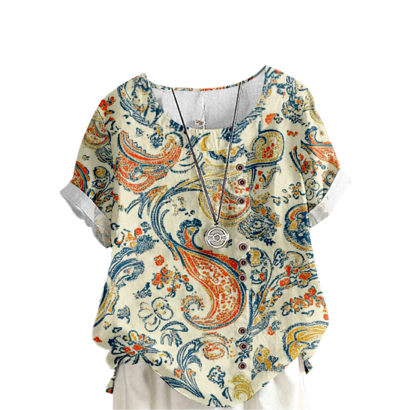Women's Cotton Linen Tops Ladies Button Boho Floral Printed Crewneck Short Sleeve Shirts Summer Vacation Blouse