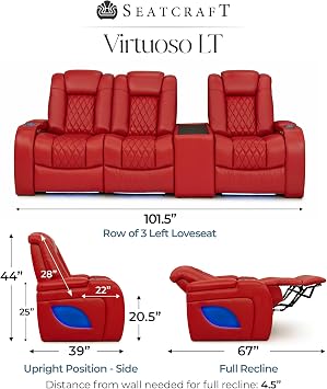 Seatcraft Virtuoso LT Red Row of 3 Left Loveseat, Straight Console Table