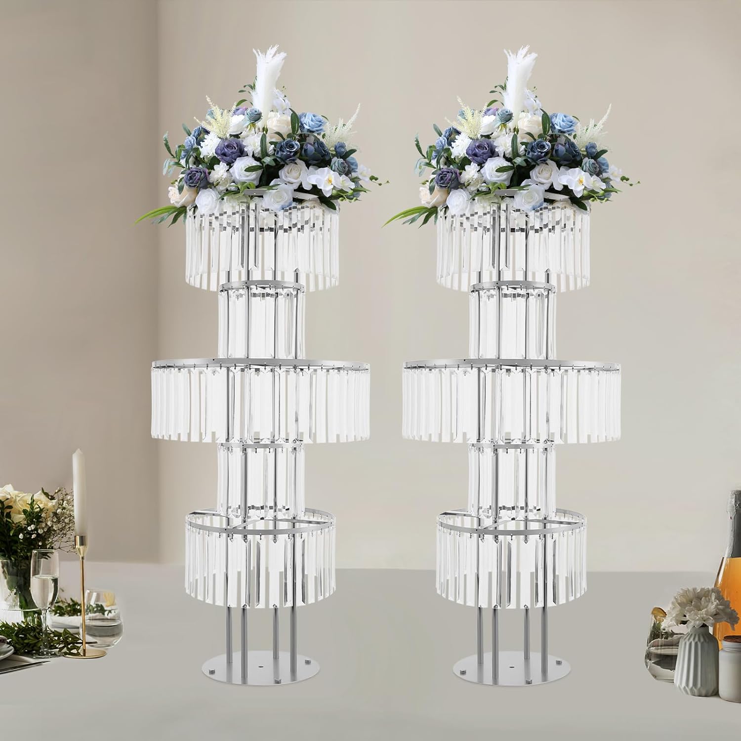 2Pcs 5 Tier Table Chandelier Centerpiece, 43.3 Inch Round Crystal Vase Stands for Wedding Birthday Party, Hotel Decor (Silver)