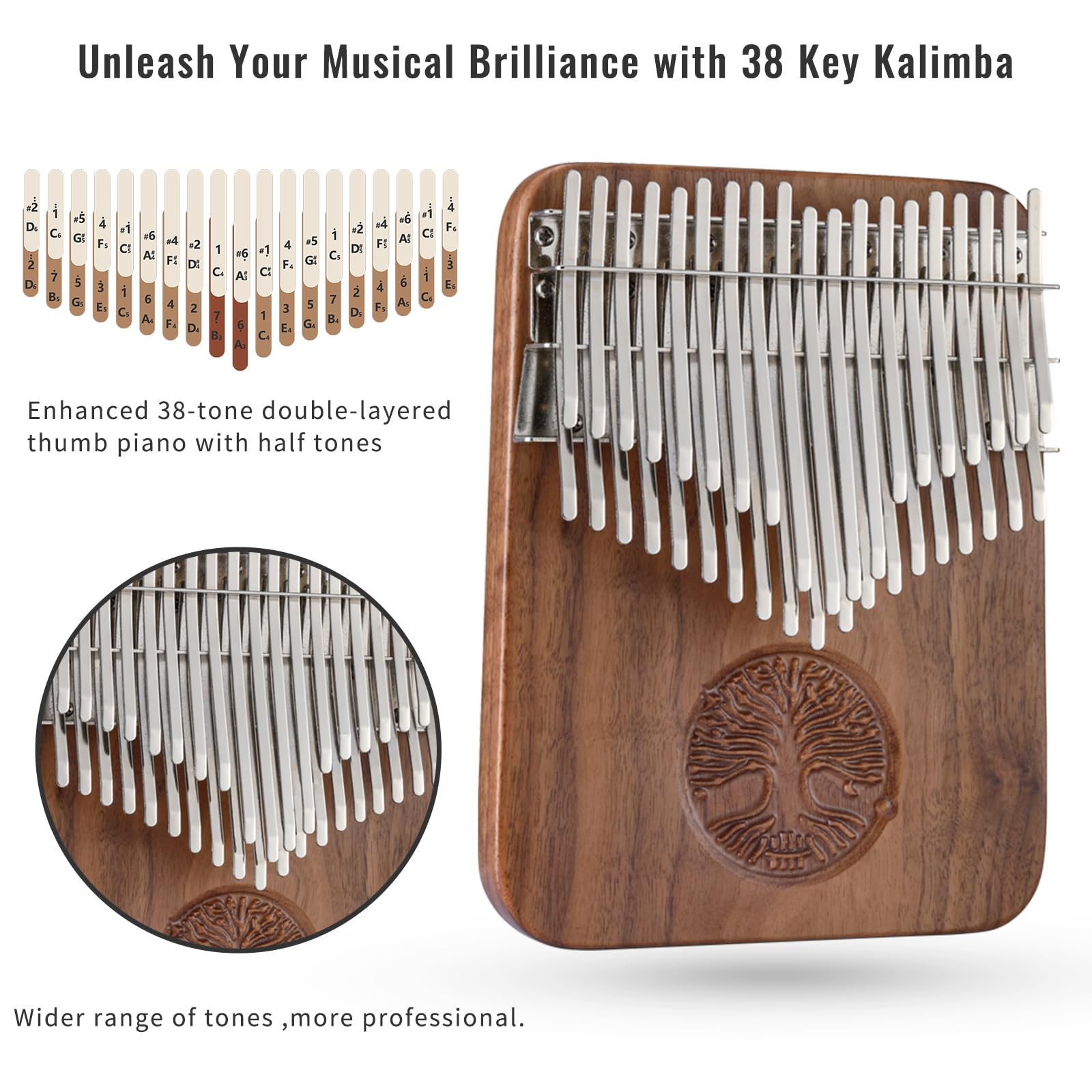 Hluru Kalimba - Pianoforte da pollice a 38 tasti, strumenti musicali accordati a C, a doppio strato, con libro di canzoni Kalimba, tuning e altro ancora, per bambini, adulti, principianti e